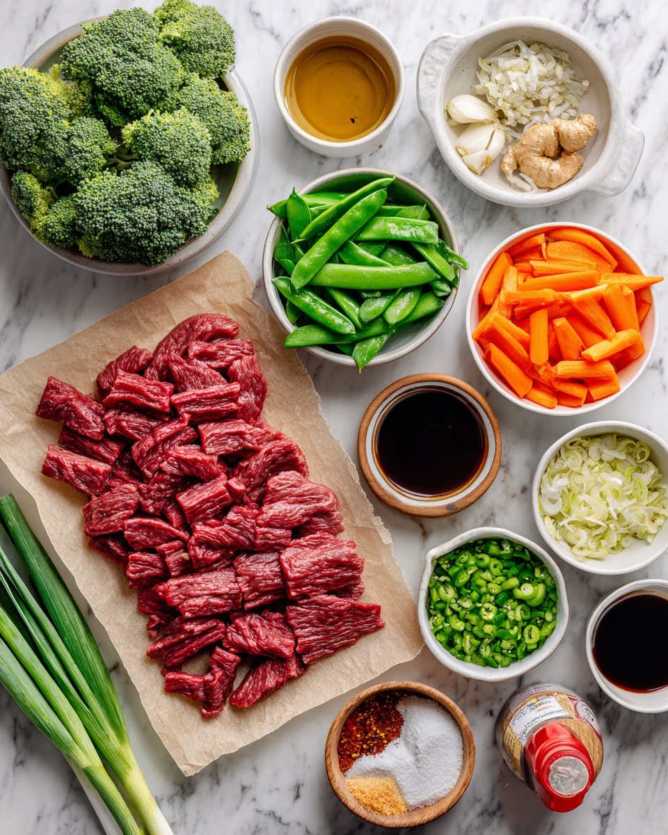 The image shows many fresh ingredients arranged neatly on a white marbled surface. In the center, there is a layer of raw flank steak sliced into thin red strips on a piece of beige parchment paper. Surrounding this central layer are white bowls holding bright green broccoli florets, snap peas, chopped green onions, and sliced orange carrots. There are also small white and wooden bowls containing condiments and spices like light brown chicken broth, white cornstarch, red chili flakes, minced garlic, grated ginger, soy sauce with a red cap, vegetable oil, sesame oil, Shaoxing wine, rice vinegar, sugar, baking soda, and water. A woman's hand is just out of frame, suggesting preparation. The overall color contrast is vibrant and fresh with a clean, bright setup. photo taken with an iphone --ar 4:5 --v 7