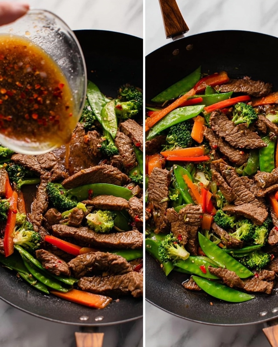 A close-up of a black frying pan with wooden handles resting on a white marbled surface, showing cooked beef strips mixed with fresh green snap peas, bright orange carrot slices, small green broccoli florets, and thin red bell pepper strips. The beef is browned with a slightly textured look, and the vegetables add a fresh, vibrant contrast. In the left image, a woman's hand is pouring a thick brown sauce with visible red chili flakes over the ingredients. The right image shows the fully mixed contents in the pan, with the sauce coating all the pieces evenly, giving a glossy finish to the beef and vegetables. photo taken with an iphone --ar 4:5 --v 7