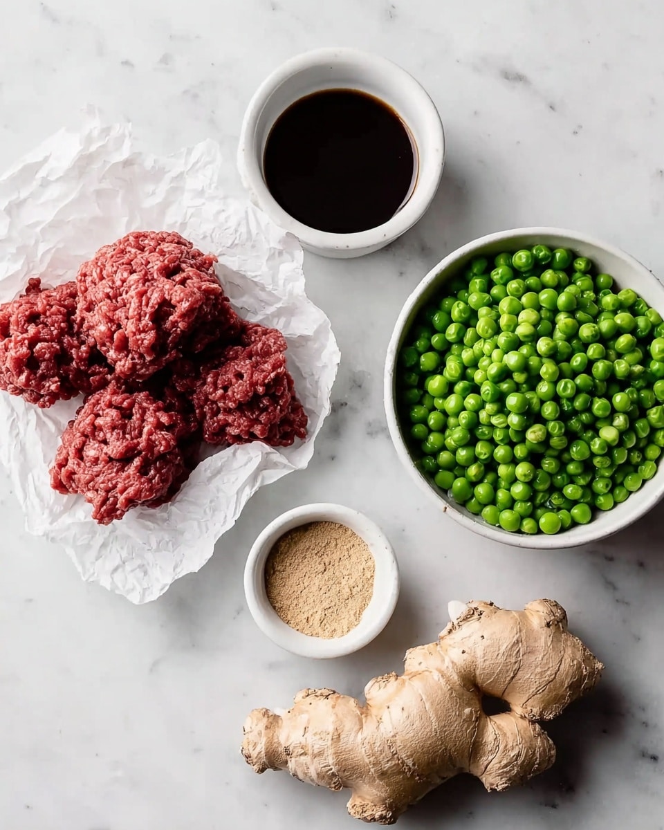 The image shows five main ingredients arranged on a white marbled surface. On the left, there is a white crumpled paper holding three portions of raw ground red meat with a coarse texture. To the right of the meat, there is a small white cup filled with dark brown soy sauce, smooth and shiny on top. Next to it is a white bowl filled with bright green frozen peas that have a frosty look. Near the peas, there is a small white bowl with light brown powder, piled in a small mound with soft edges. Finally, on the far right, a large piece of fresh ginger root with a rough tan skin and knobby shape rests directly on the white marble. Photo taken with an iphone --ar 4:5 --v 7