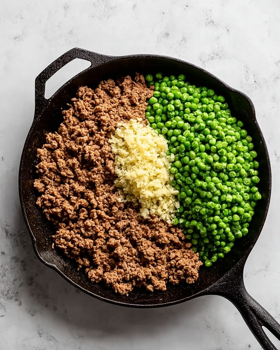 A black cast-iron pan is filled with three main layers: on the left side, there is a thick layer of cooked brown minced meat with a crumbly texture; in the middle on top, a small pile of pale yellow minced garlic adds contrast with a rough texture; on the right side, a mound of small, round, frozen, bright green peas sits with a smooth, frosty texture. The pan is placed on a white marbled surface. photo taken with an iphone --ar 4:5 --v 7