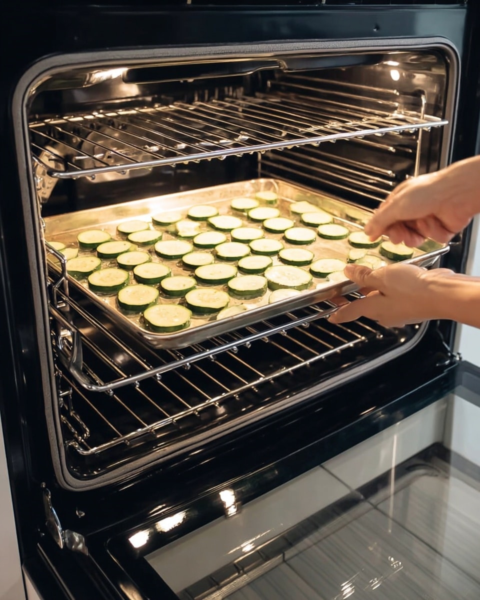 A glimpse inside an oven shows a silver baking tray filled with thin, round slices of green zucchini evenly spread in one layer. A woman's hand is placing the tray carefully onto the middle rack of the clean oven. The oven's interior shines with metallic reflections, with the lower racks visible, and the oven door open revealing the shiny black bottom with white edges. The overall scene is bright and clear with the focus on the fresh zucchini slices in the oven. Photo taken with an iphone --ar 4:5 --v 7