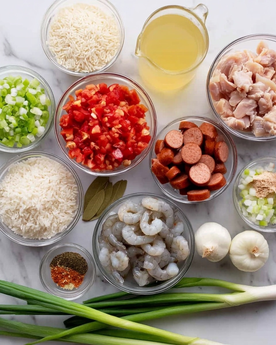 Several clear glass bowls are arranged on a white marbled surface, each holding different ingredients. One bowl has small pieces of raw chicken that are light pink and a bowl with raw shrimp with grayish shells, both on the right and left sides. Another bowl contains sliced sausage with a reddish-brown color. There are bowls filled with uncooked white rice, bright red diced tomatoes, finely chopped white onions, minced garlic, and chopped green bell peppers. A small bowl holds a mix of spices, including a bay leaf. A clear glass container has light yellow chicken broth. Three long green onions with white bulbs are placed diagonally across the center. photo taken with an iphone --ar 4:5 --v 7