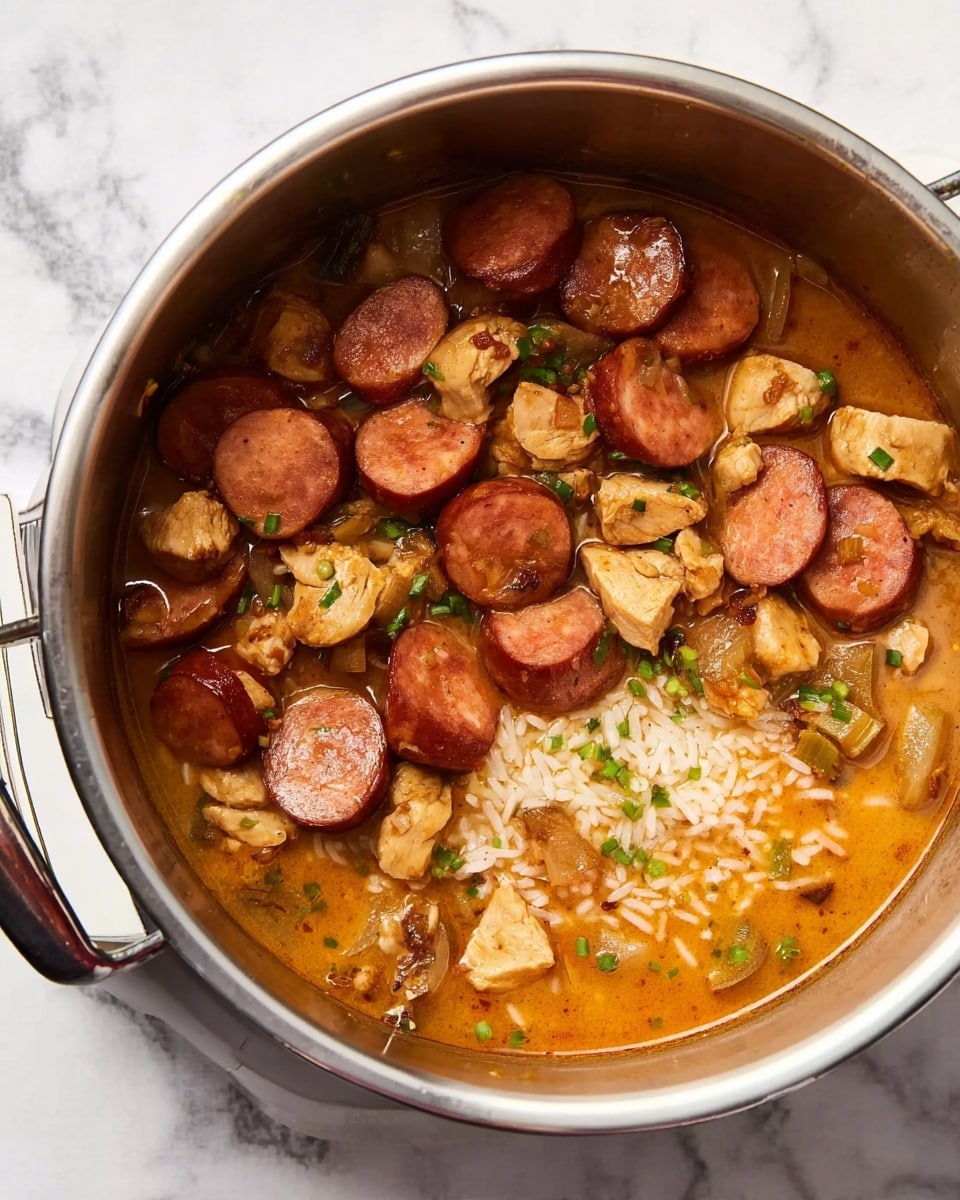 A large stainless steel pot filled with a stew containing three main layers: slices of reddish-brown sausage scattered on top, chunks of light tan cooked meat underneath, and a few grains of white rice partially submerged in a thin orange-brown broth with green bits of herbs mixed throughout. The pot is placed on a white marbled surface with a small section of it visible on one side. Photo taken with an iphone --ar 4:5 --v 7