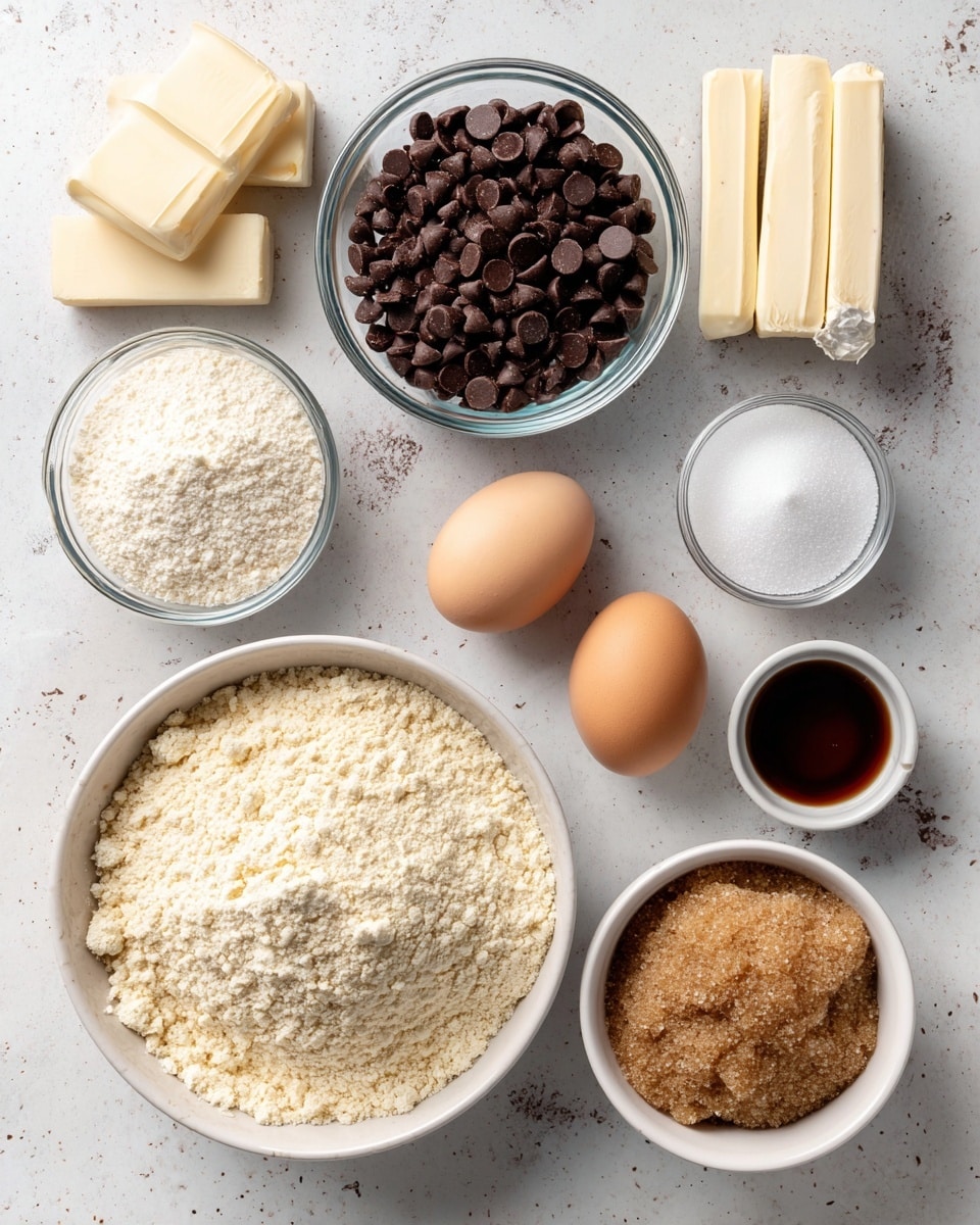 The image shows a white marbled surface with several white bowls and clear containers arranged neatly. Starting from the bottom left, there is a large white bowl filled with light beige almond flour that has a powdery texture. Next to it on the top left, there is a clear glass bowl packed with smooth, shiny dark brown chocolate chips. Slightly to the right and above almond flour, a small white bowl holds a fine white powder of baking powder, and next to it on the right is another small white bowl with baking soda that looks similar but less full. Below these, a small clear bowl contains white granulated sugar crystals. At the bottom right, a small white bowl is full of soft, clumped brown sugar with a grainy texture. To the right of the bowls are two light brown eggs placed next to each other. Above the eggs, there is a metal spoon with kosher salt with a coarse, snowy white grainy look. Lastly, on the far right bottom corner, a small clear cup with dark brown vanilla extract sits next to the eggs. At the top left corner, there are three wrapped sticks of pale yellow butter stacked together. photo taken with an iphone --ar 4:5 --v 7