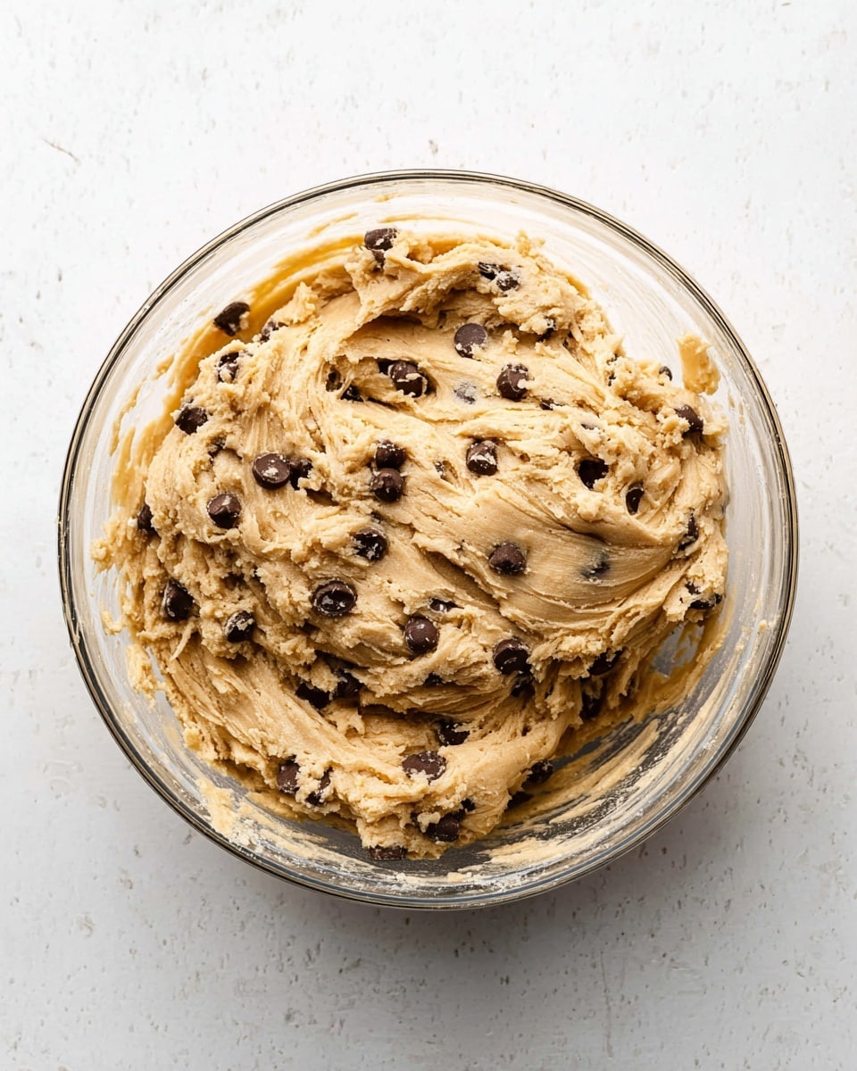 A clear glass bowl filled with creamy beige cookie dough mixed with dark brown chocolate chips, the dough is thick and rough in texture with uneven swirls and folds visible inside the bowl, placed on a white marbled surface, photo taken with an iphone --ar 4:5 --v 7