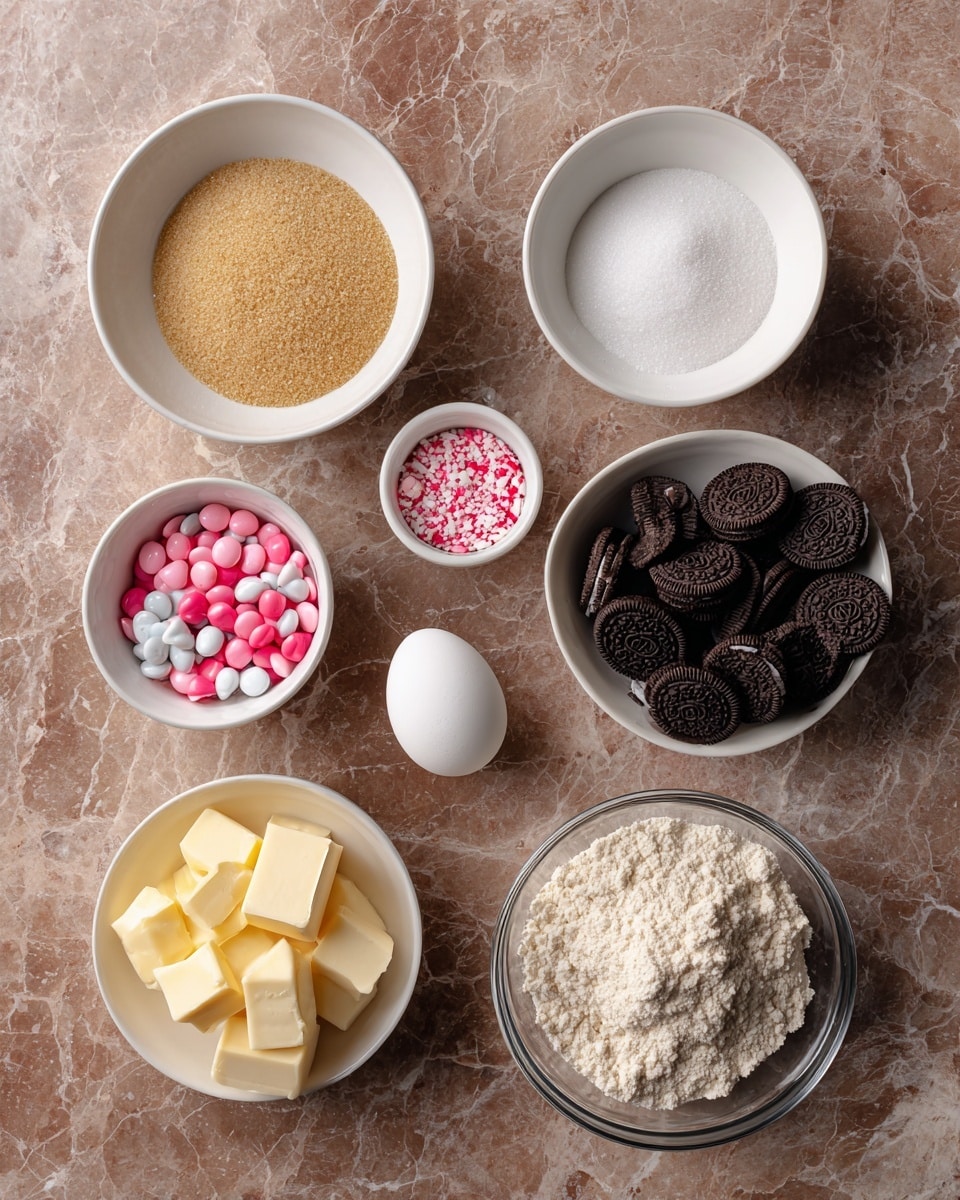 The image shows eight small bowls and one egg arranged on a surface with a brown, textured look changed to a white marbled texture. Starting from the top left, there is a white bowl filled with light brown soft sugar, next to it on the right, a smaller white bowl with white granulated sugar, and to the right of that an egg placed directly on the surface. Below the granulated sugar is another white bowl filled with pink, red, and white candy-coated chocolates, labeled Valentine’s day Oreos. Below the brown sugar is a white bowl with yellow butter cubes. Below the butter is another white bowl filled with whole black Oreo cookies with white filling. To the right of the Oreos, there is a clear glass bowl filled with a mix of white flour, a white powder, and some other dry ingredients. Lastly, a vanilla extract bottle is labeled at the bottom without a visible container. The arrangement is neat with clear labels, and the white marbled surface contrasts with the ingredients well. Photo taken with an iphone --ar 4:5 --v 7