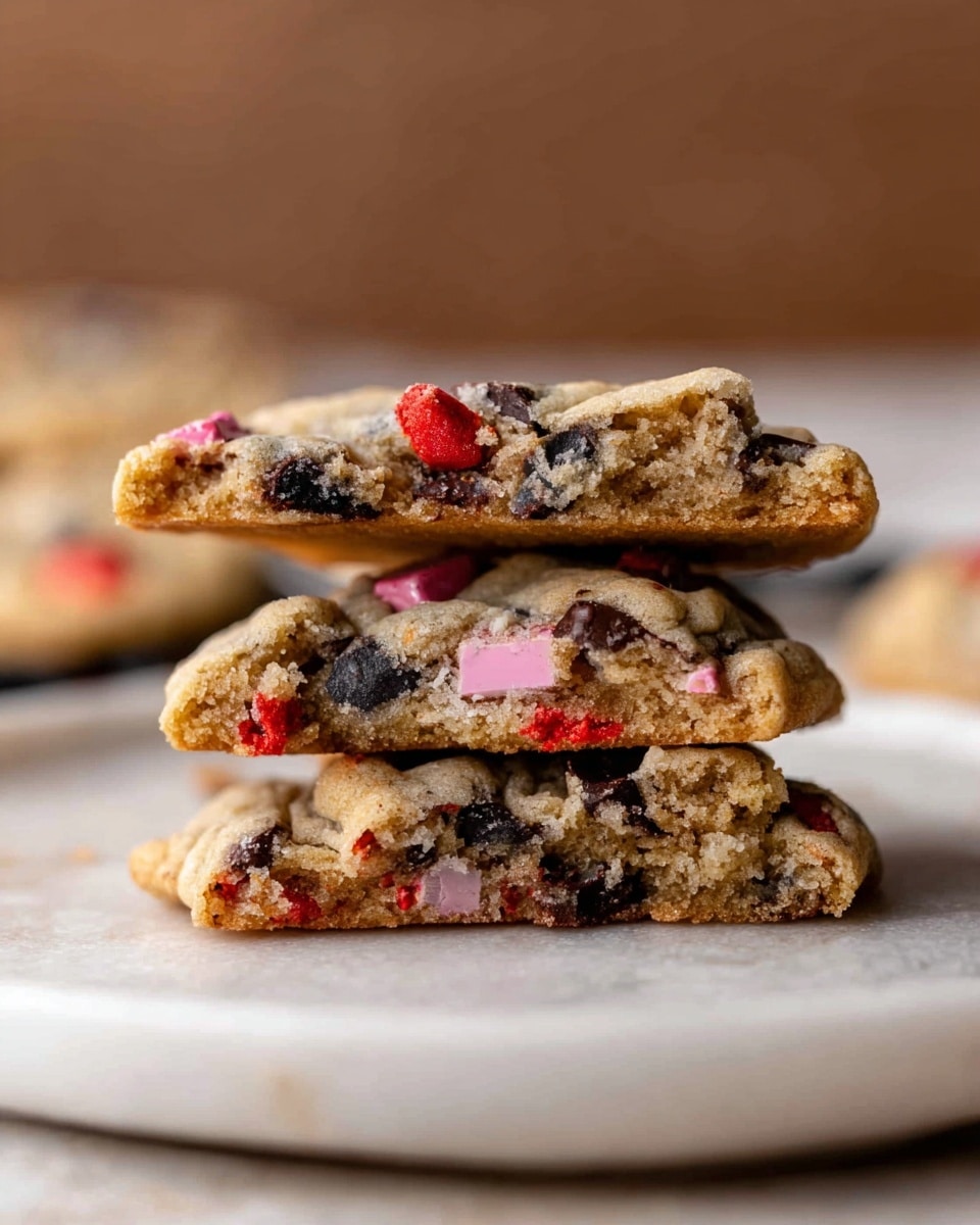 A stack of three uneven cookie pieces is placed on a white plate with a white marbled texture surface underneath. The top two pieces are stacked at a slight angle, showing colors inside the cookie with visible chunks of dark brown or black candy, red and pink candy pieces, and a light brown baked dough. The bottom piece lies flat, showing the cookie’s rough, crunchy texture with more scattered candy bits. The background is blurred with a soft brown color, drawing focus to the cookie stack. photo taken with an iphone --ar 4:5 --v 7