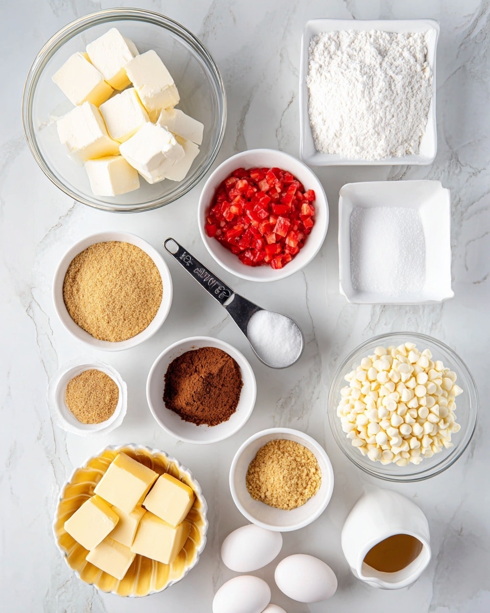 The image shows eleven clear and white bowls and measuring cups with different ingredients on a white marbled surface. On the top left, a clear bowl holds nine large cubes of white butter. To its right, a small square white bowl contains white salt and baking soda. Below the butter, a metal measuring cup holds white powdered sugar. Next to it, a small white bowl is filled with brown sugar. In the middle, a white 1-cup measuring cup holds finely chopped red strawberries. To its right, a clear bowl has many white chocolate chips. Below those, a small white bowl contains golden brown graham crumbs. Next to it, a clear bowl holds three yellow cubes of butter. Near the bottom center, a yellow-edged white bowl is filled with white granulated sugar. To the right, two white eggs rest directly on the surface. At the bottom right, a small white pitcher has golden brown vanilla extract. photo taken with an iphone --ar 4:5 --v 7