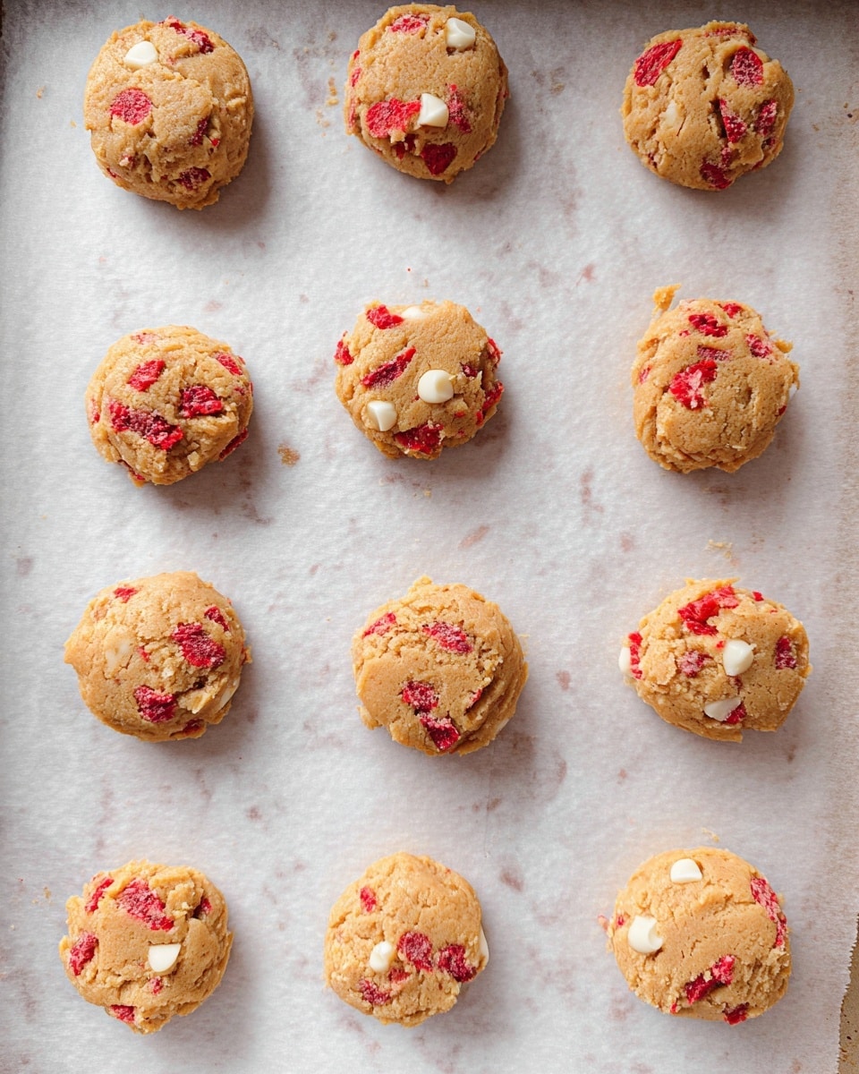 The image shows twelve small, round cookie dough scoops placed evenly across a white parchment-lined baking tray. Each cookie dough scoop has a rough, slightly flattened shape with a warm, light brown color. Bright red pieces of strawberry are mixed throughout the dough, creating small pops of color in all the cookies. Additionally, there are small white chunks of white chocolate embedded in the dough, adding texture and contrast. The white parchment and the even spacing between each cookie dough portion highlight the patterns and colors clearly. The background is a white marbled texture. Photo taken with an iphone --ar 4:5 --v 7