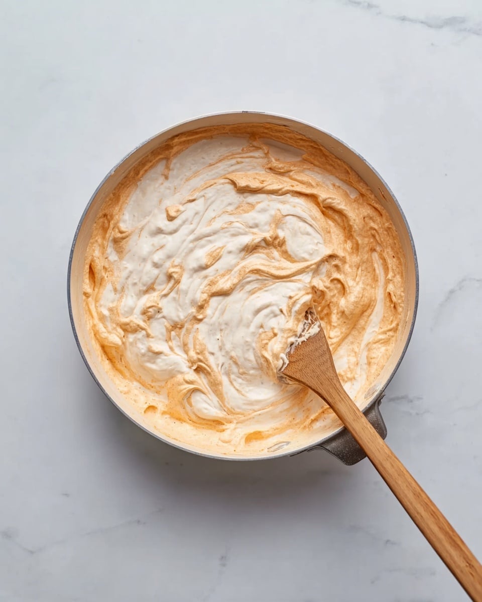 The image shows a pan filled with a creamy mix that has two main color layers swirled together: a pale orange and a light cream color. The texture looks thick and smooth but slightly chunky. A wooden spoon rests inside the pan, partly covered with the creamy mix, suggesting it was recently stirred. The pan sits on a white marbled surface, giving a clean and bright background. photo taken with an iphone --ar 4:5 --v 7