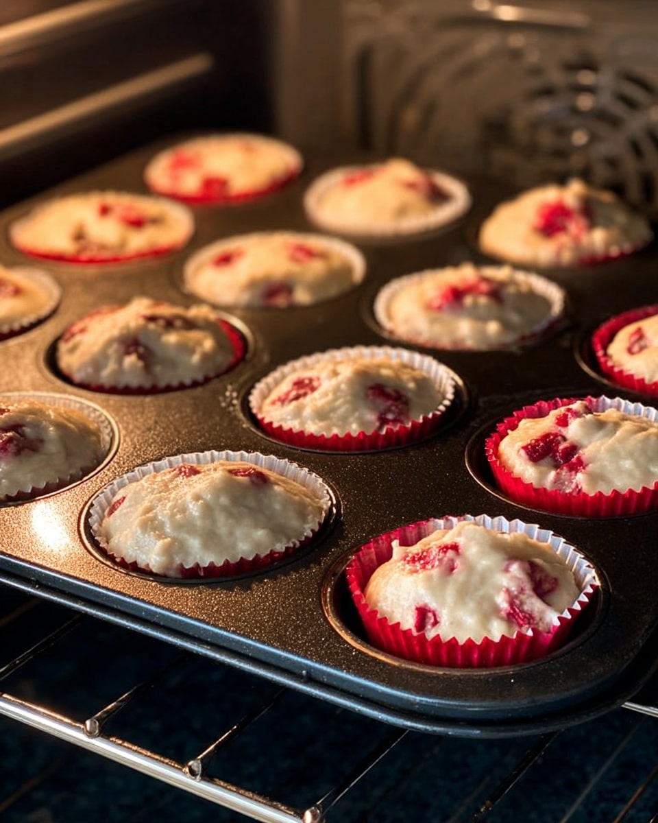 The image shows a black metal muffin tray inside an oven with twelve muffin cups filled with batter that has pieces of red fruit mixed in. Each muffin cup has a paper liner, with some being white and others red. The batter is light beige with a smooth, slightly lumpy texture, and the red fruit pieces are visible on the surface of each muffin portion. The oven racks are silver metal, and the background is softly lit, giving the impression the muffins are in the middle of baking. Photo taken with an iphone --ar 4:5 --v 7