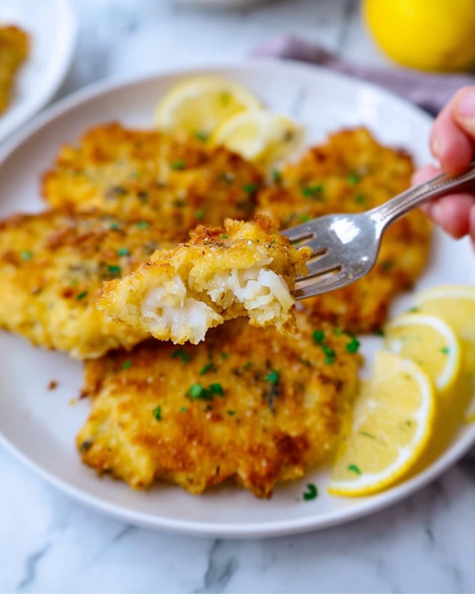 A white plate holds three golden-brown fried pieces, each with a light crispy texture and sprinkled with small bits of green herbs. A woman's hand holds a fork lifting a piece close to the camera, showing white flaky layers inside with a crunchy yellow outer layer. Around the plate, there are several yellow lemon wedges sitting on a white marbled surface. The edges of the fried pieces have a slightly uneven texture, indicating a crunchy crust. Photo taken with an iphone --ar 4:5 --v 7