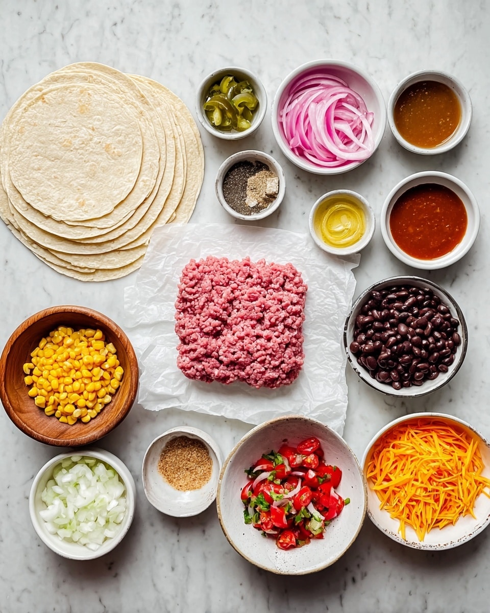 A flat pile of light beige tortillas sits on the left, next to small white bowls of green chopped pickles, granulated yellow seasoning, salt, sliced bright pink pickled onions, ground black pepper, and chopped white onions in a wooden bowl. In the center lies a block of raw, pink minced meat on white parchment paper, surrounded by small bowls of minced garlic and ground brown spices. Above are bowls filled with dark brown cooked beans, yellow corn kernels, and small portions of pale yellow oil, red thick sauce, and light brown broth. To the right, a white bowl holds shredded orange and white cheese, and another holds fresh salsa with red tomatoes and green herbs. All of these are placed on a white marbled texture photo taken with an iphone --ar 4:5 --v 7