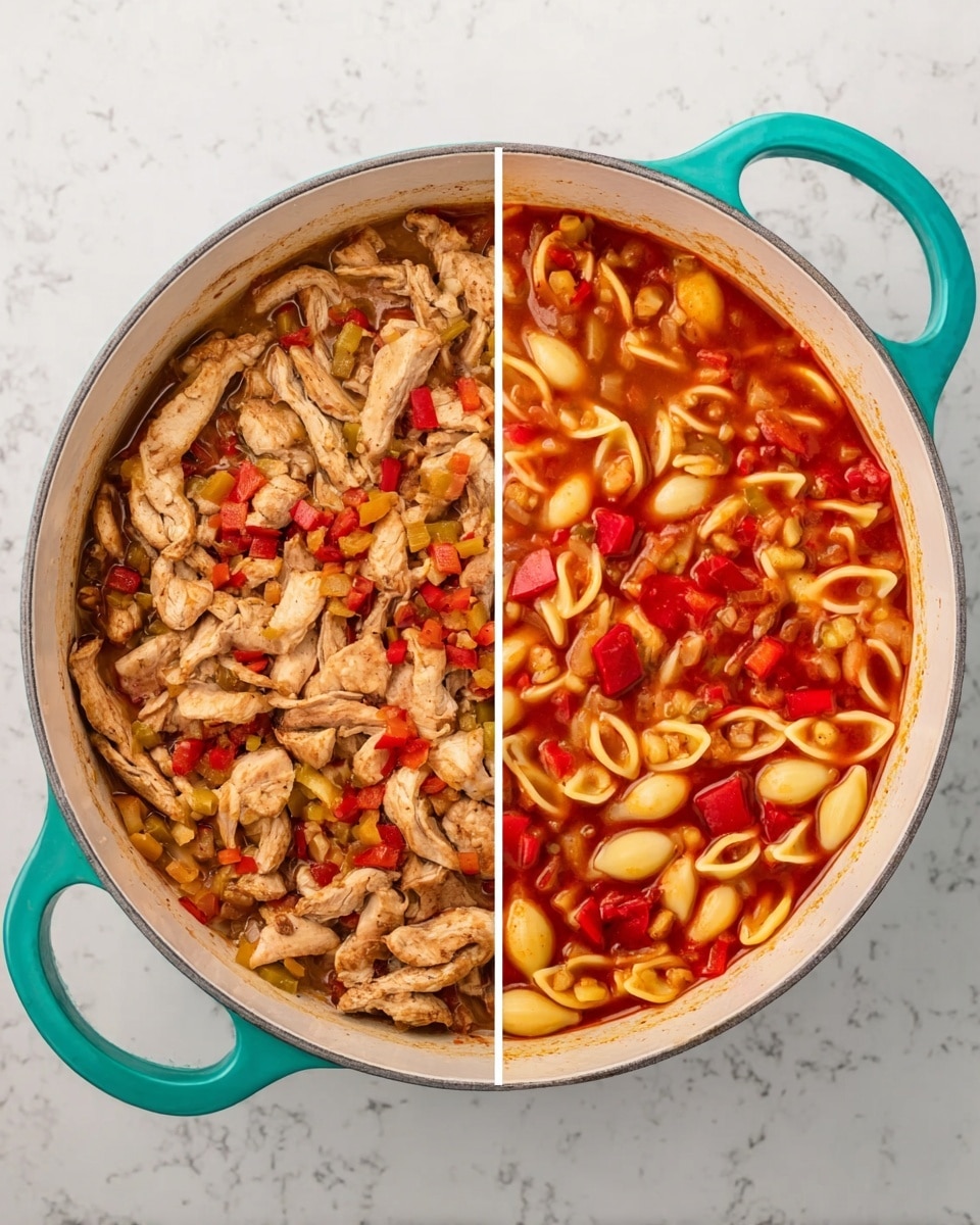 The image shows a white pot with teal handles placed on a white marbled surface. Inside, there are two stages of cooking visible: the left side has layers of browned chicken strips mixed with small diced red bell peppers and onions, showing a dry texture with some browning on the edges. The right side shows the same ingredients now simmering in a red tomato-based broth with shell pasta added, where the broth covers the layers of chicken, peppers, and onions, making the colors appear softer and more blended with the pasta floating on top. The pot is filled almost to the rim in both parts of the image. Photo taken with an iphone --ar 4:5 --v 7