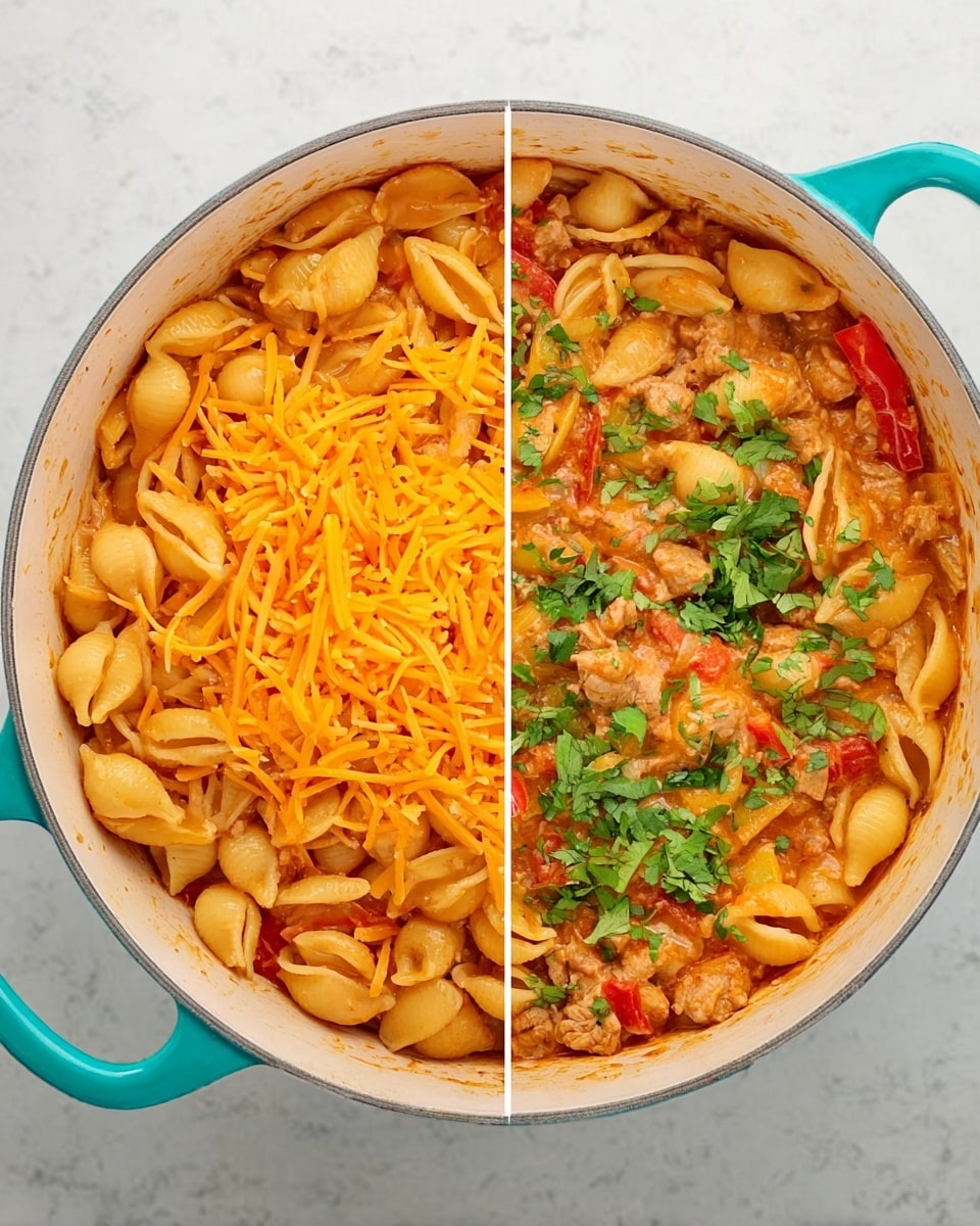 The image shows a white round pot filled with a pasta dish. The pasta shells are golden beige and mixed with small pieces of light brown cooked meat and red chunks of bell pepper in a thick orange sauce. One side of the pot has a pile of shredded bright orange cheese on top, while the other side has the cheese mixed in and topped with scattered fresh green cilantro leaves. The pot has turquoise handles and sits on a white marbled surface. photo taken with an iphone --ar 4:5 --v 7