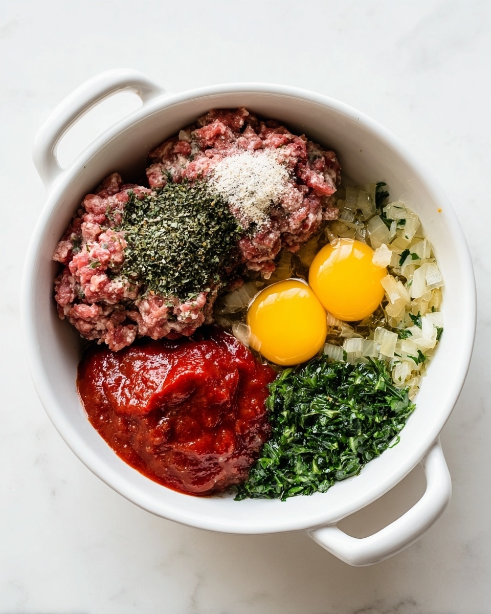 In a white bowl with handles, there are several ingredients separated into sections: on the left, two portions of raw ground meat, one darker and one lighter pink, topped with dried green herbs and pepper, with a white powdery ingredient above them; on the top right, two bright yellow raw egg yolks sit next to a smooth, thick red sauce; below the eggs and sauce, there is a mix of finely chopped green herbs and cooked onions with translucent pieces, all arranged neatly against a white marbled surface background photo taken with an iphone --ar 4:5 --v 7