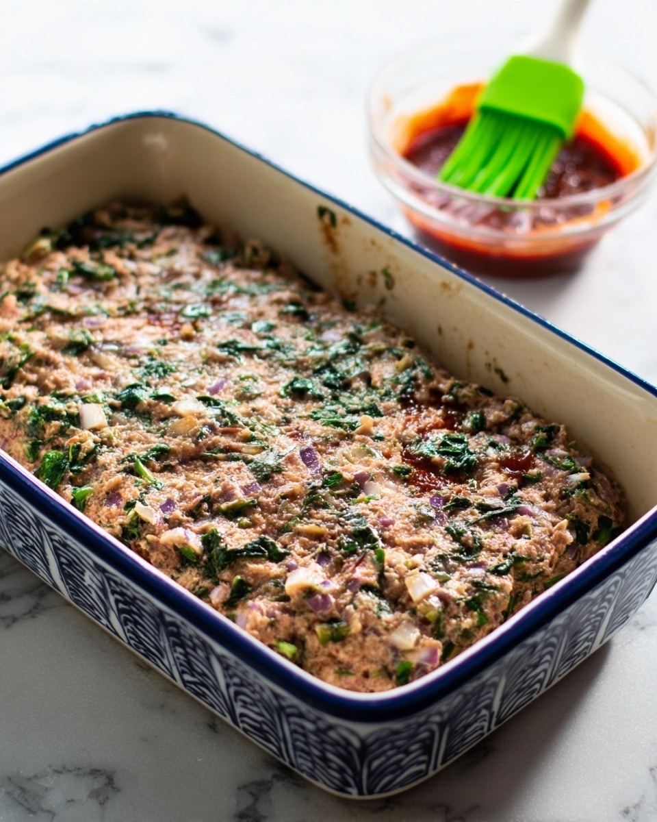 The image shows a rectangular ceramic baking dish filled with a mixture that is mostly light pinkish-brown with visible pieces of green leafy spinach and small bits of white and purple onion spread throughout. The surface has a moist, slightly chunky texture with some shiny spots. The dish has a dark blue patterned rim and sits on a white marbled surface. In the background, slightly blurred, there is a white measuring spoon filled with red sauce and a green silicone brush. Photo taken with an iphone --ar 4:5 --v 7