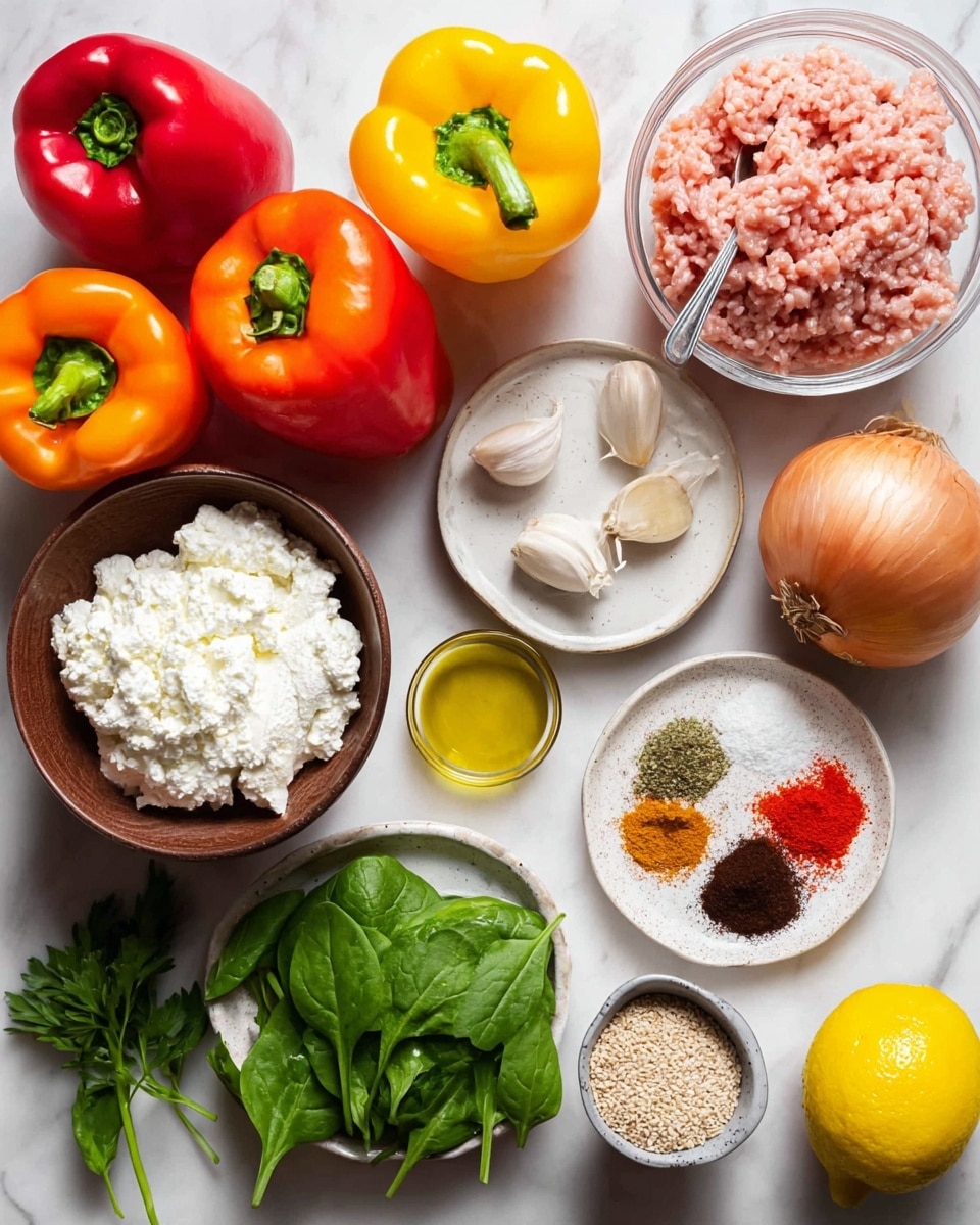 The image shows a white marbled surface with various fresh ingredients laid out. There are four whole bell peppers in red, yellow, orange, and green placed on the top left. A clear glass bowl filled with light pink ground meat sits in the top right corner. Below the peppers and meat, to the left, there is a brown bowl filled with white ricotta cheese with a spoon in it, a small white dish with garlic cloves, and a round white plate holding different ground spices arranged in sections with colors ranging from red, brown, black, and light beige. Next to the spices is a whole yellow onion, a bright yellow lemon, and a small bowl of green spinach leaves with a few sprigs of parsley nearby. Also visible is a metal cup that holds a grain ingredient and a small white speckled bowl containing a golden liquid, likely oil. The arrangement is neat and colorful, showcasing fresh and raw ingredients ready to be used. photo taken with an iphone --ar 4:5 --v 7