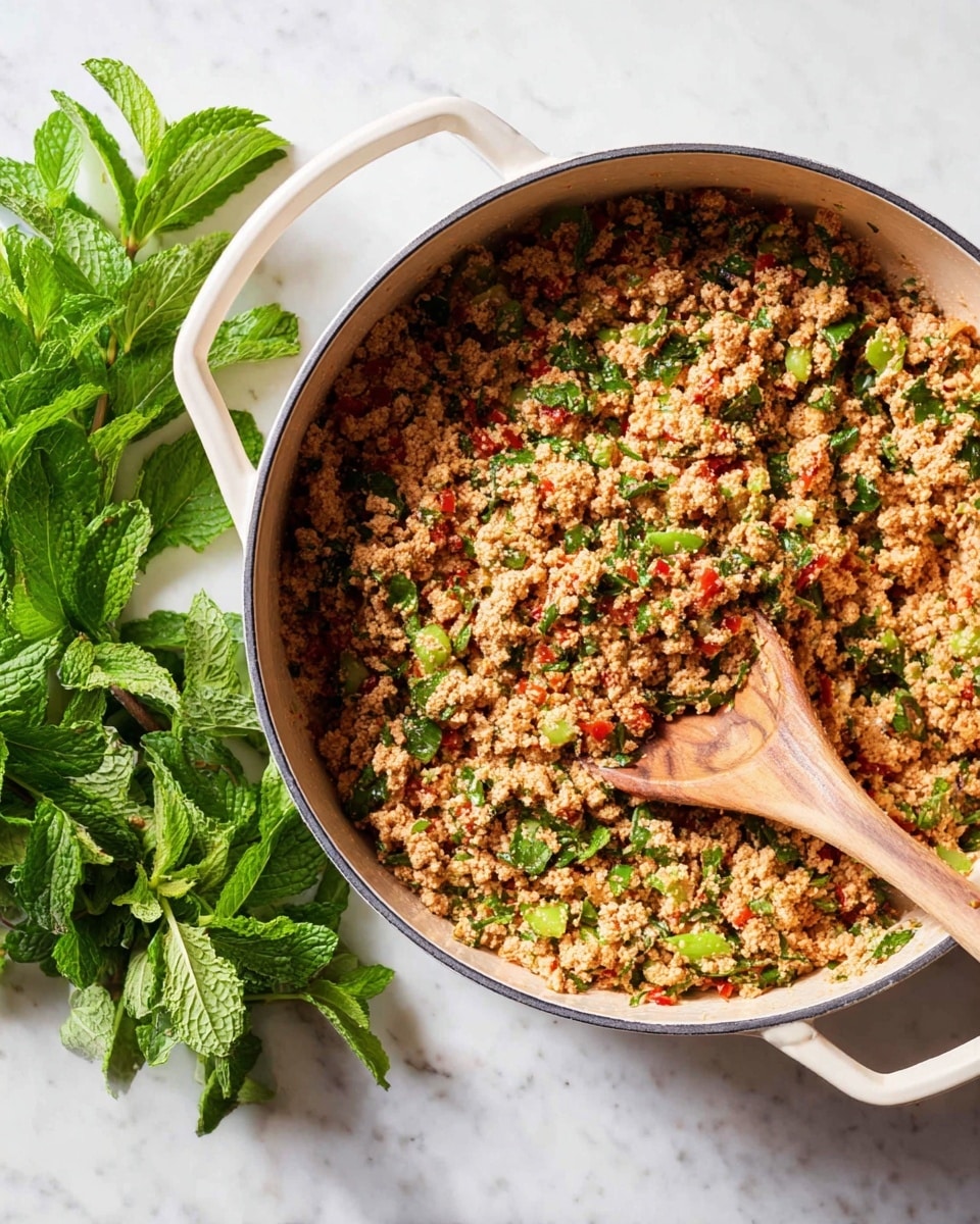 A large white pot filled with a cooked mixture of small light brown crumbled pieces, bright green leafy bits, and small red chunks evenly spread throughout, creating a colorful, textured blend. A wooden spoon with a round tip rests inside the pot, partially covered by the mixture. Next to the pot, on a white marbled surface, there is a bunch of fresh green mint leaves. The overall scene has a fresh and warm feeling with natural lighting. photo taken with an iphone --ar 4:5 --v 7