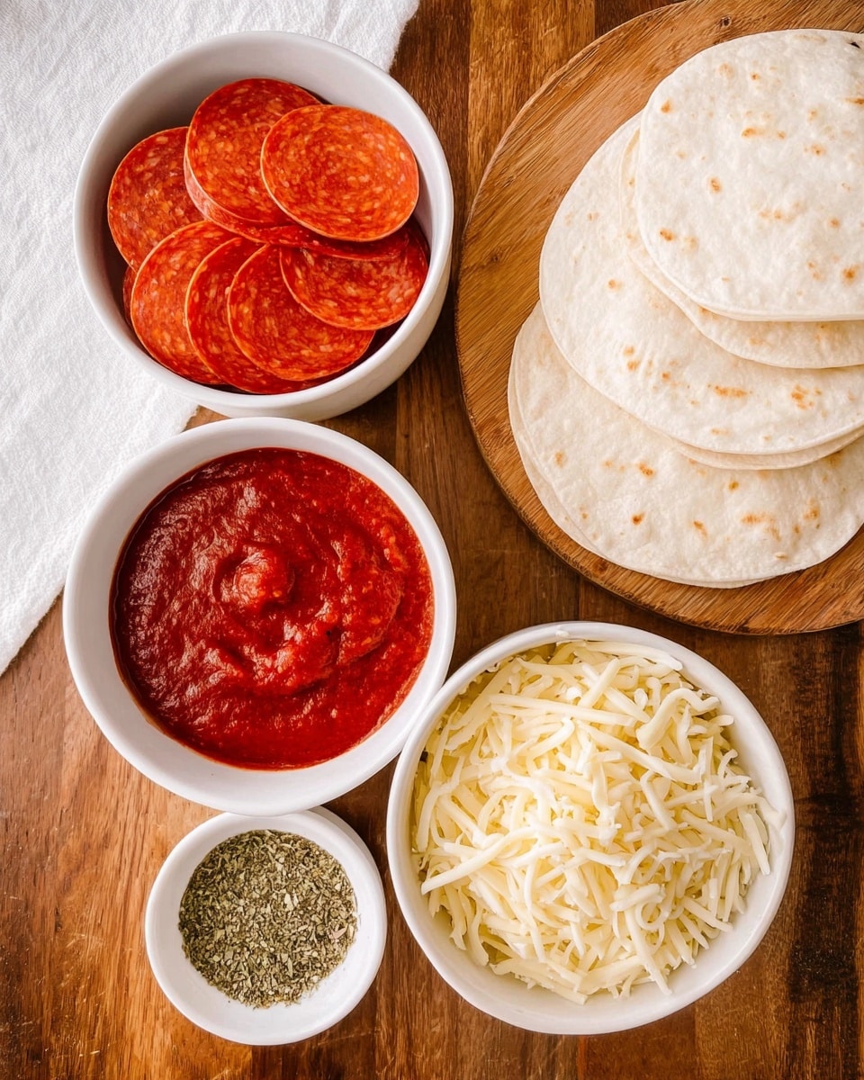 The image shows four white bowls arranged on a wooden surface with a white cloth part visible under a wooden round board on the top right corner holding a stack of small, soft, light beige tortilla rounds. The top left bowl contains multiple thin circles of red pepperoni with a slightly shiny texture. Below it, a bowl filled with thick, rich red tomato sauce with a mildly textured surface. To the right of the sauce is a white bowl filled with a mound of pale yellow shredded cheese, fluffy in texture. Between the top pepperoni bowl and the cheese, a small white bowl holds dried mixed herbs in the form of small green flakes. Photo taken with an iphone --ar 4:5 --v 7