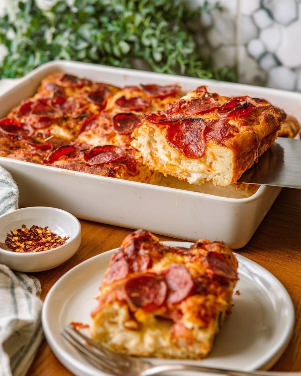 The image shows a thick square slice of pepperoni pizza being lifted from a white rectangular baking dish. The pizza has about five soft layers of light golden bread, topped with melted golden cheese that is slightly browned with crispy edges, scattered with round red pepperoni slices. The baking dish sits on a wooden table with a small white bowl of red chili flakes nearby. In the foreground, a slice of the same pizza is on a white plate with a silver fork beside it. The background features a white marbled surface with green leafy plants partially visible. Photo taken with an iphone --ar 4:5 --v 7