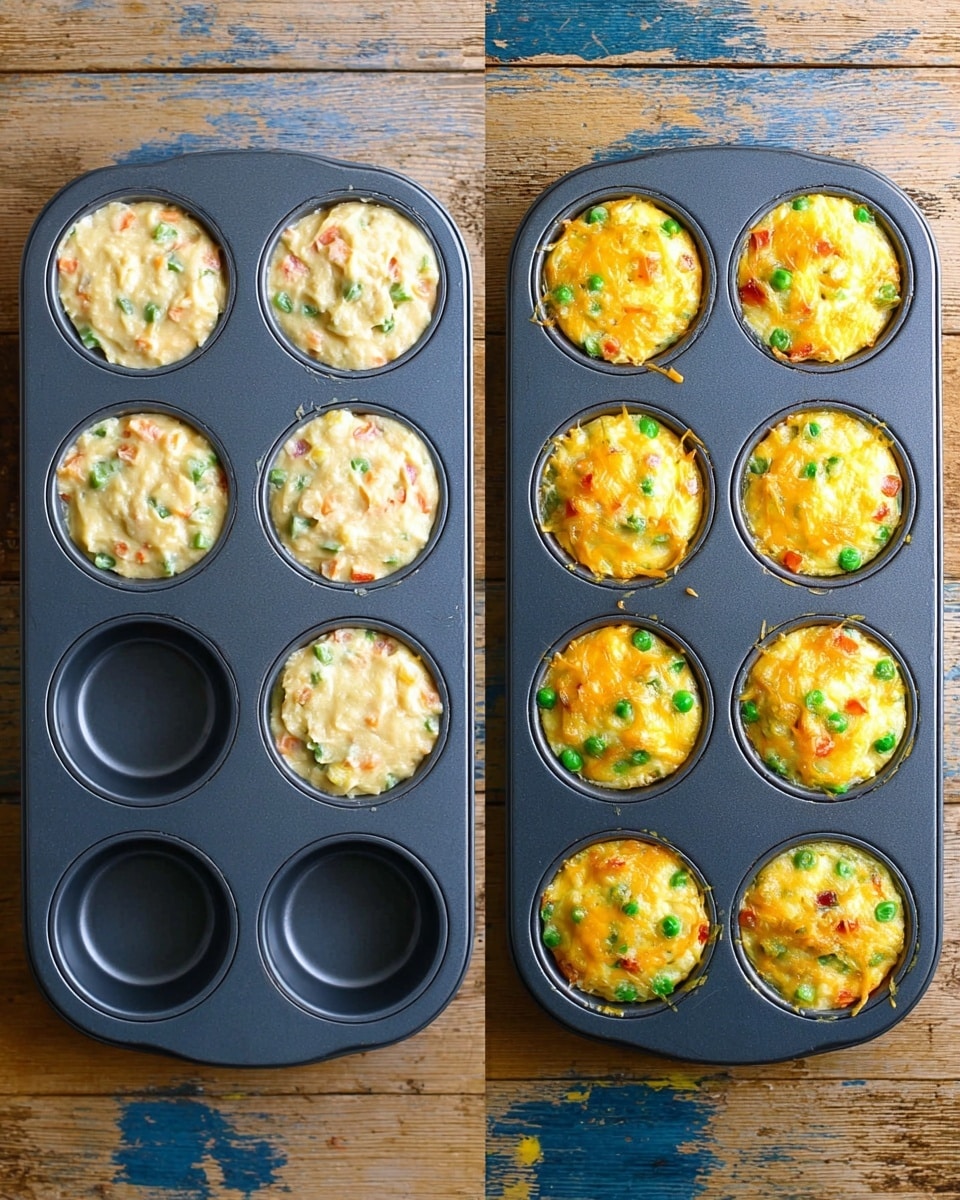 Two side-by-side images show a black metal muffin tray with twelve cups on a wooden surface. The left image has uncooked muffin batter filled in ten cups, each with a mix of colors like pale orange, yellow, green, and white, showing chopped vegetables visible in the creamy batter. Two cups in the bottom left corner are empty. The right image shows the same tray after baking, where each cooked muffin is golden yellow with melted cheese on top, flecked with green peas and small pieces of orange and white vegetables, filling ten cups, while two cups at the bottom left remain empty. The wooden surface has a worn look with blue and yellow paint marks. photo taken with an iphone --ar 4:5 --v 7