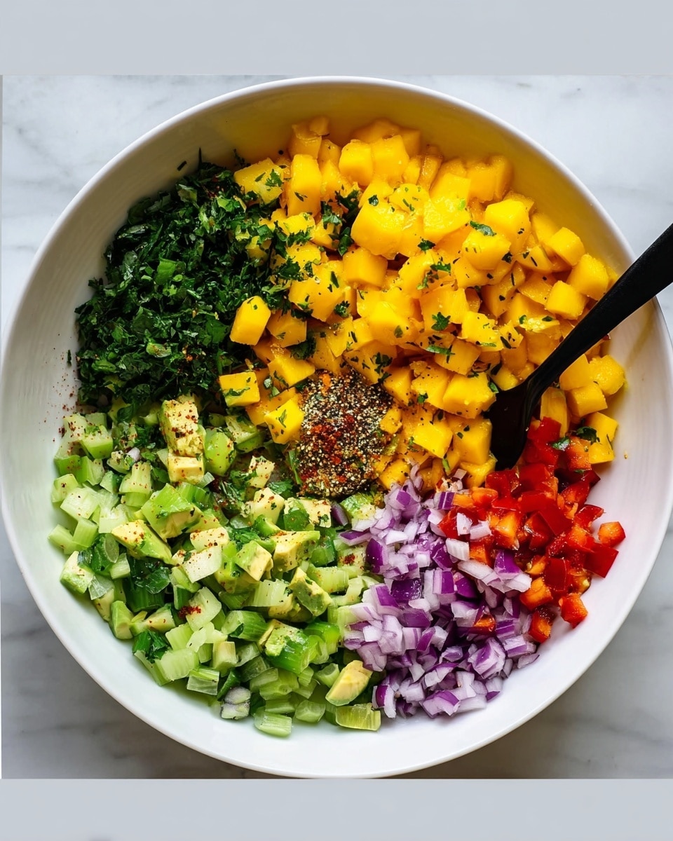 A round white bowl sits on a white marbled surface, filled with six distinct layers of chopped ingredients arranged separately inside. At the top right is a pile of bright yellow mango cubes, next to a mound of finely chopped dark green herbs in the top left. Below the herbs, diced pale green avocado pieces are stacked, with finely chopped light green celery next to them toward the center bottom. To the right of the celery, a cluster of small purple onion pieces sits beside finely diced red bell pepper in the bottom right corner. In the center of the bowl sits a small heap of spices, with colors ranging from beige to black. In the second image, the ingredients are stirred together by a black spoon, mixing the vibrant colors and textures, with some mango pieces and vegetables settled around the spoon. The photo taken with an iphone --ar 4:5 --v 7