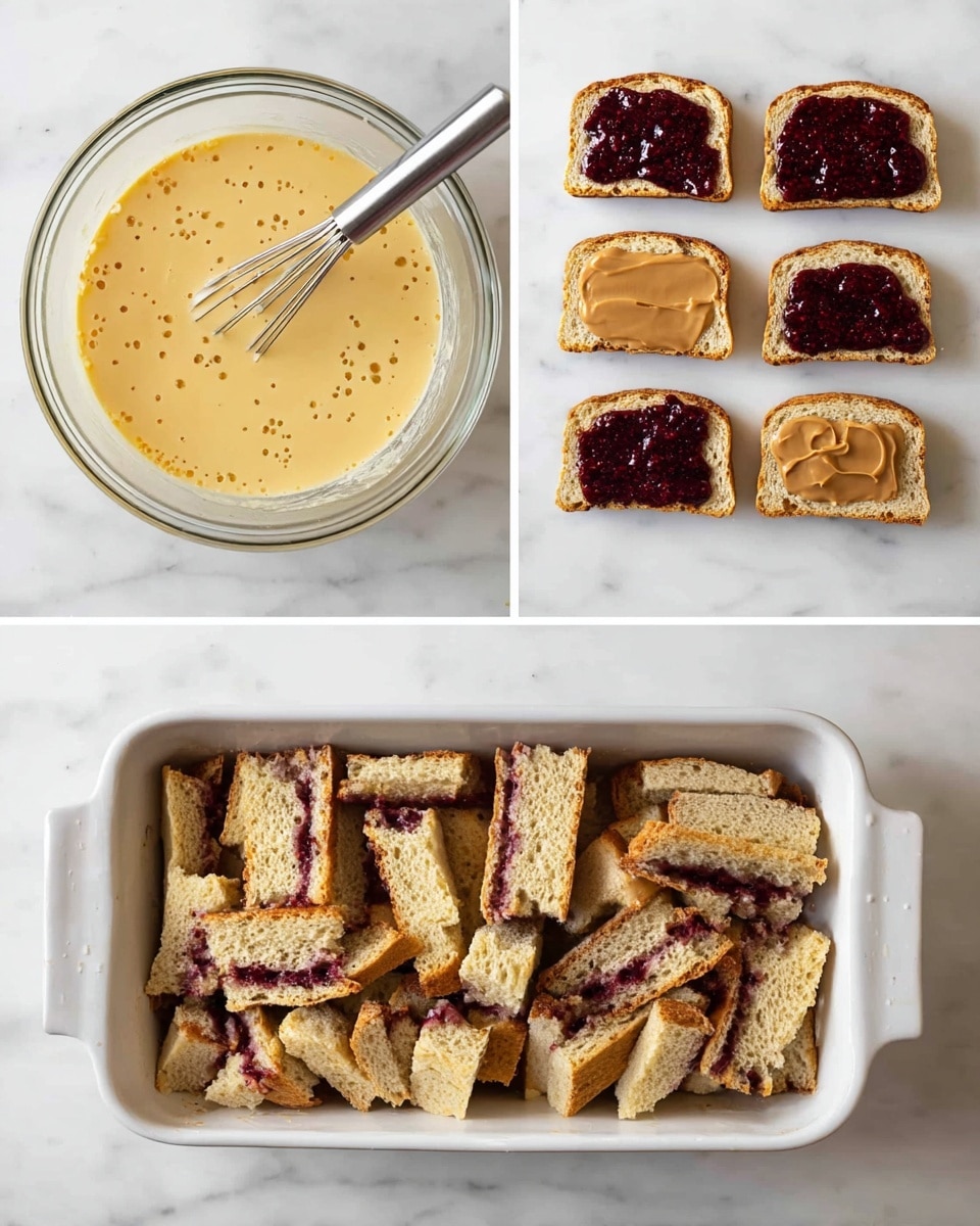The image is divided into four sections showing the step-by-step preparation of a dish. The top left shows a clear glass bowl containing a smooth, light yellow mixture with small bubbles on the surface and a metal whisk resting inside. The top right shows six pieces of bread laid out on a white marbled surface; three pieces spread with a dark purple jam and three pieces spread with light brown peanut butter. The bottom left shows a white rectangular ceramic dish filled with the bread pieces cut into smaller, uneven rectangles, some showing the dark purple jam layer. The bottom right shows the same dish with the bread pieces now soaked in the yellow mixture, giving the bread a soaked, slightly shiny texture with visible jam streaks. Photo taken with an iphone --ar 4:5 --v 7
