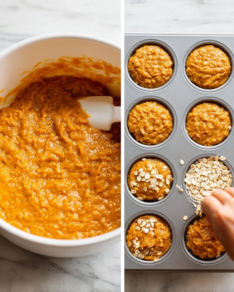 The image shows two side-by-side photos: on the left, a white bowl filled with thick orange batter that has small lumps and a slightly shiny texture, with a silicone spatula partially visible inside. On the right, a metal muffin tin filled with the same orange batter in each of its 12 cups, with a woman's hand sprinkling oats on top of the batter in one of the cups. The surface under everything is a white marbled texture. photo taken with an iphone --ar 4:5 --v 7