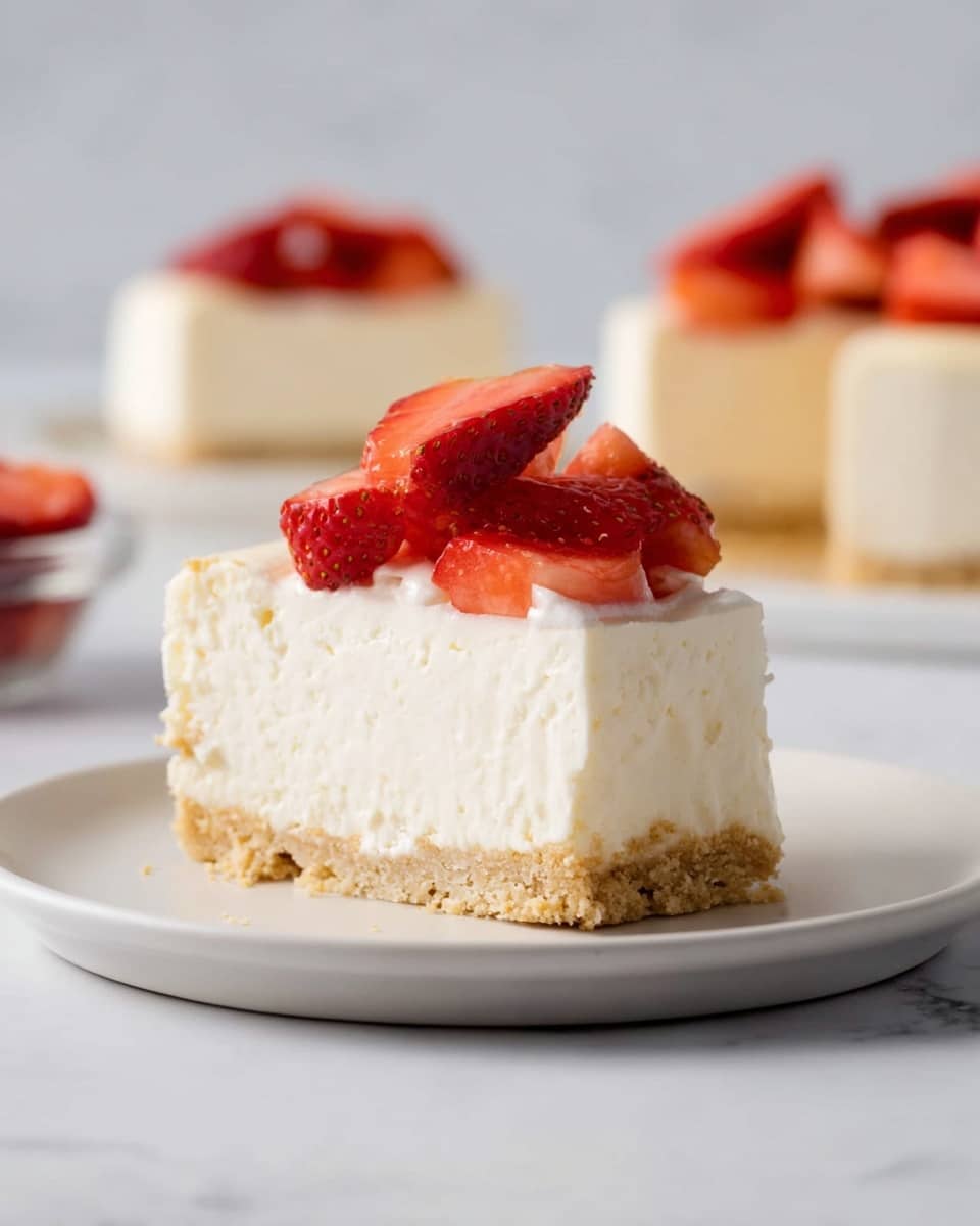 The image shows a slice of cheesecake on a white plate with a crumbly light brown base layer and a thick creamy white middle layer. On top, there is a smooth white layer of cream cheese topped with several red strawberry slices, each showing bright, juicy texture. In the background, there are two more cheesecake slices blurred, also topped with strawberry pieces. The surface is a white marbled texture, giving a clean and fresh look. Photo taken with an iphone --ar 4:5 --v 7