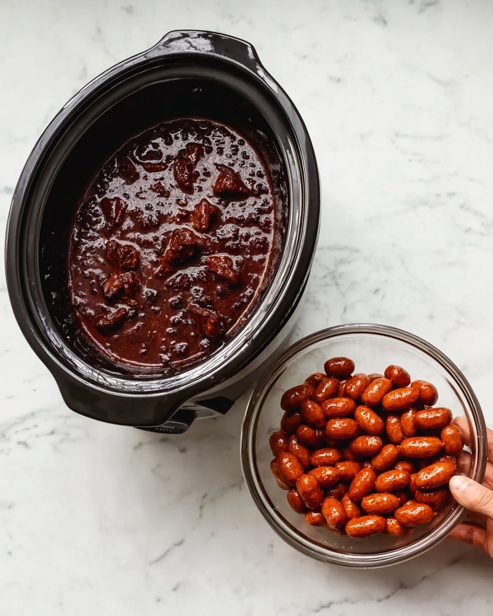 The image shows a black slow cooker filled with a dark brown stew that has chunks of meat and thick sauce visible on the surface. Next to it, there is a clear glass bowl full of small, reddish-brown sausages. The setup is placed on a white marbled surface, and part of a woman's hand is seen holding the glass bowl from the right side. The scene is simple and clean, focusing on the rich color and texture of the stew and sausages. Photo taken with an iphone --ar 4:5 --v 7