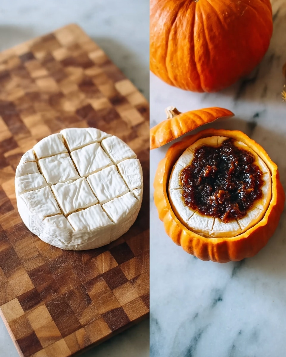 The image shows two side-by-side shots. On the left is a round wheel of white cheese placed on a wooden cutting board with a checkered pattern. The cheese has shallow, straight cuts on the top forming a grid pattern. On the right side, there is a hollowed orange pumpkin acting as a bowl. Inside it sits the same round cheese, now topped with a layer of dark, chunky sauce or relish covering the entire cheese top. The pumpkin is set on a white marbled surface with a whole orange pumpkin nearby in the background. Photo taken with an iphone --ar 4:5 --v 7