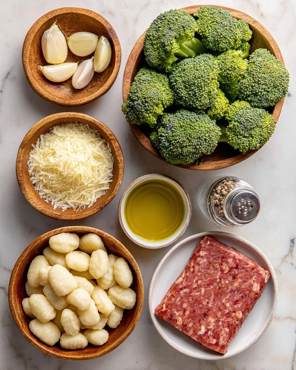 The image shows seven ingredients arranged on a white marbled surface. At the top right in a wooden bowl, there are bright green broccoli heads with a rough, bumpy texture. To the left, a smaller wooden bowl holds four peeled garlic cloves that are smooth and light yellow. Below it, another wooden bowl is filled with a pale yellow, fine-grated pile of parmesan cheese. On the bottom left, a larger wooden bowl contains off-white, soft-looking gnocchi pieces shaped like small pillows. To the right of the gnocchi, a small white bowl holds golden yellow olive oil with a shiny surface. Beside the olive oil, there is a transparent salt and pepper grinder with visible salt crystals inside. At the bottom right, a white round bowl contains a rectangular slab of raw Italian sausage, reddish with white fat bits spread evenly through the meat. Photo taken with an iphone --ar 4:5 --v 7
