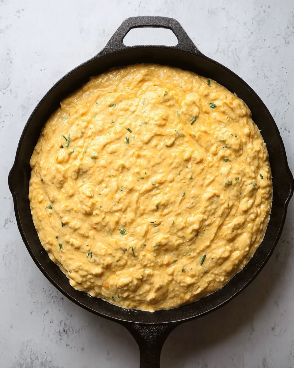 A large black cast iron pan filled with a thick, creamy yellow-orange batter with a slightly rough texture. The batter has small green herb pieces scattered throughout and is spread evenly to cover the entire surface of the pan. The background is a white marbled texture. photo taken with an iphone --ar 4:5 --v 7