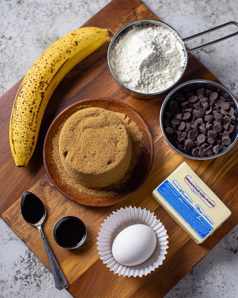 The image shows baking ingredients arranged on a wooden surface with a white marbled texture background. In the middle, there is a round, packed mound of brown sugar placed on a small wooden plate. Above it, a metal measuring cup holds white flour, appearing soft and powdery. To the right of the flour, another metal cup is filled with dark brown chocolate chips. A ripe yellow banana with brown spots lies diagonally from the left towards the center. Below the brown sugar, a small metal spoon holds dark vanilla extract. Near the bottom, a white egg sits in a white paper cup. On the right side of the image, there is an unopened stick of butter with blue and white packaging. All the items are spaced out on the wooden surface. Photo taken with an iphone --ar 4:5 --v 7