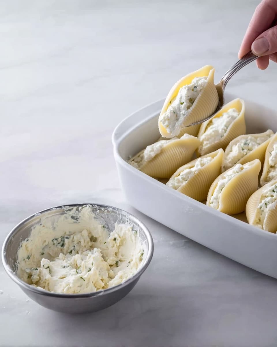 The image shows a white baking dish with large pasta shells filled with a soft white cheese mixture stacked in a single, neat layer inside. A woman's hand is holding a silver spoon, pushing the cheese filling into one large shell above the dish. Below, a metal bowl sits on a white marbled surface, holding more of the creamy white cheese mix with small green herb flecks visible. The background is a clean white marbled surface with soft light. Photo taken with an iphone --ar 4:5 --v 7
