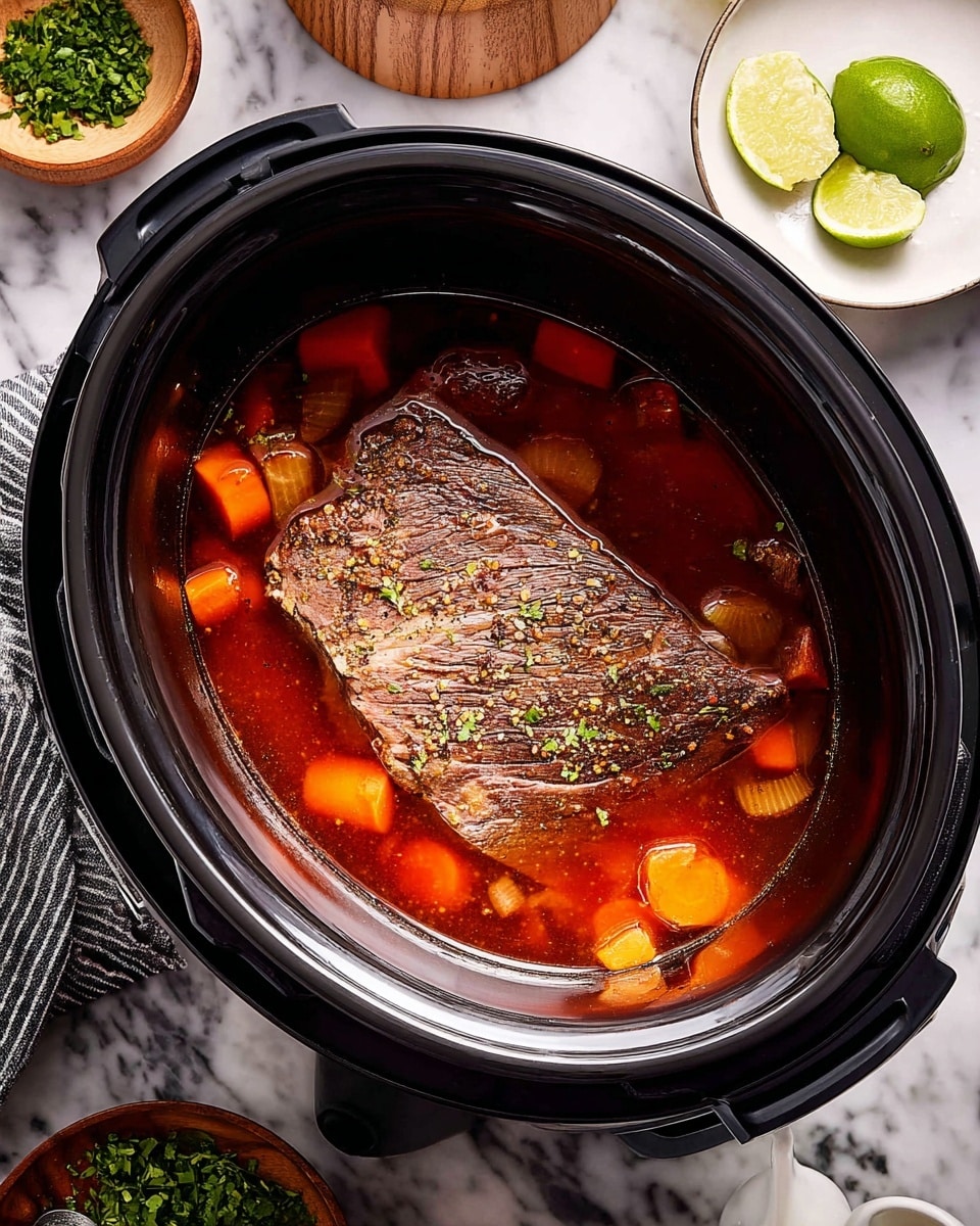 A close-up top view shows a black slow cooker with a silver metal inner pot filled with a rich red broth. In the broth, there is one large brown cooked beef roast with visible seasoning on top, laying mostly flat. Around the roast, there are small chunks of orange carrot and translucent pieces of cooked onion floating. The cooker sits on a white marbled surface with a black and white striped cloth nearby. Around the cooker, there are small bowls with chopped green herbs, olive oil, and a wooden citrus juicer with a halved lime on a white plate. Photo taken with an iphone --ar 4:5 --v 7
