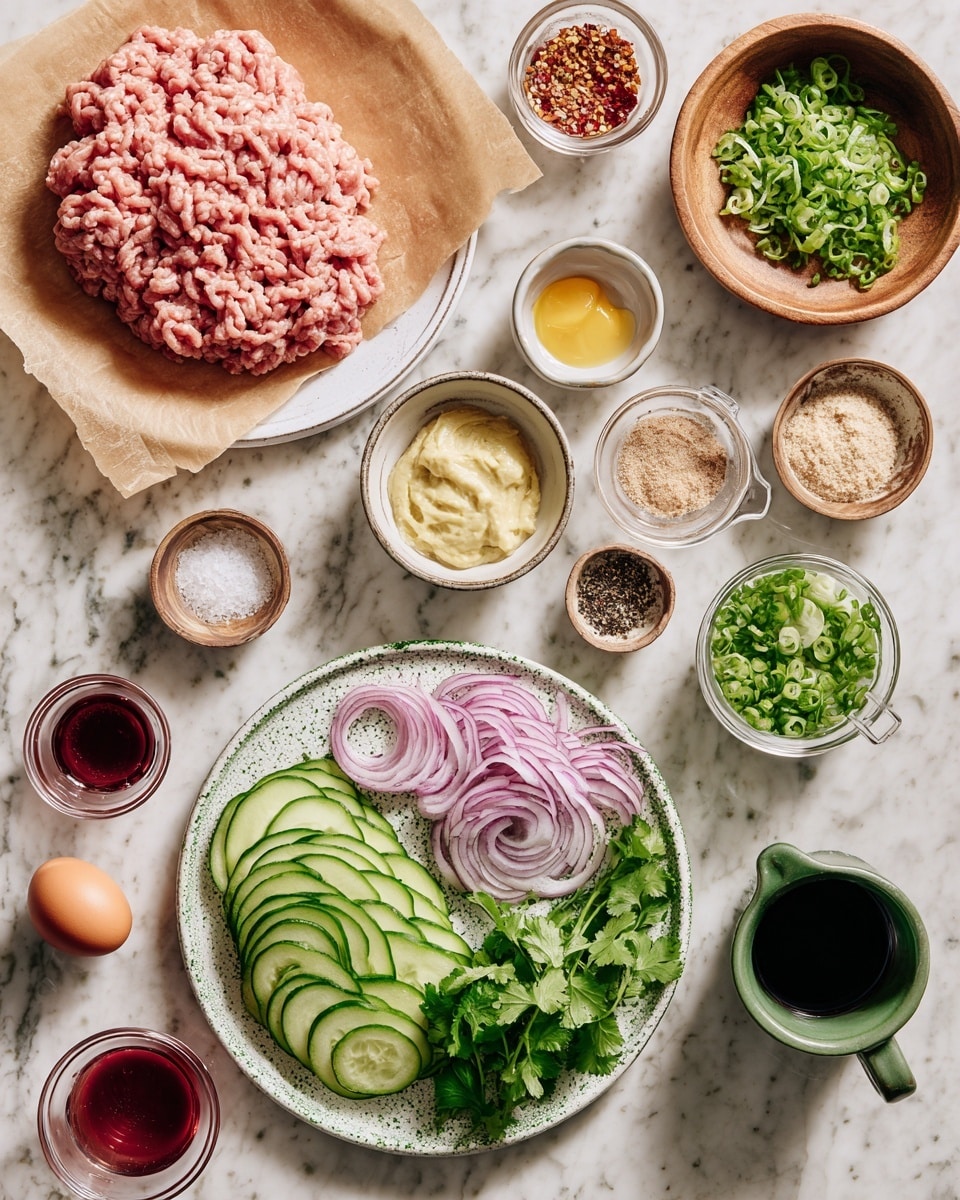 The image shows two layers of raw ground meat, light pink with a soft texture, placed on brown parchment paper inside a white plate on the top left. At the bottom center, a round white plate with green speckles holds two layers of thinly sliced, bright green cucumber arranged in a semi-circle on the left side, thinly sliced purple onion laid in neat clusters on the bottom right, and a bunch of fresh green cilantro leaves with stems filling the remaining right space. Surrounding these main plates are multiple small bowls and jars: a wooden bowl with chopped light green scallions at the top right, several small bowls with pale yellow minced paste, dark pepper flakes, and a red sauce, two glasses with dark and bright red liquids, a measuring cup filled with light beige crumbs, a raw brown egg, a small white jug with dark liquid, a green bowl with coarse white salt, and a small clear glass with dark red liquid. The background is a white marbled surface. Photo taken with an iphone --ar 4:5 --v 7