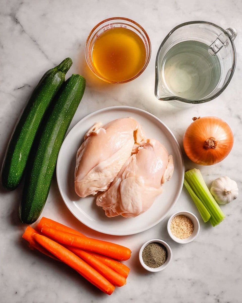 The image shows a white round plate on a white marbled surface holding two raw chicken pieces that are light pink and smooth. Around the plate, there are two long dark green zucchinis placed on the left side. Next to the zucchinis is a round orange onion, and above the onion are three garlic cloves with white peeling. To the right of the garlic, there are two clear glass measuring cups filled with amber-colored broth, and above them is a larger clear glass pitcher filled with water. On the right side near the plate, three bright orange carrots lie next to three green celery sticks. At the bottom center, there are three small white bowls containing different spices in black, white, and light brown colors. The whole scene is lit evenly, and everything is arranged neatly. photo taken with an iphone --ar 4:5 --v 7