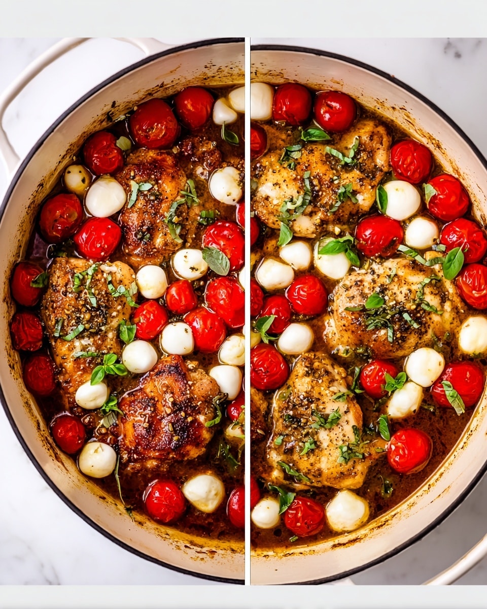 A white round pot filled with five cooked light brown chicken pieces, seasoned with black pepper and herbs, sitting in a dark brown sauce. On top, there are bright red halved cherry tomatoes and many small white mozzarella balls, scattered evenly over the chicken. Some small pieces of green basil leaves are also sprinkled over the dish. The pot is placed on a white marbled surface. photo taken with an iphone --ar 4:5 --v 7