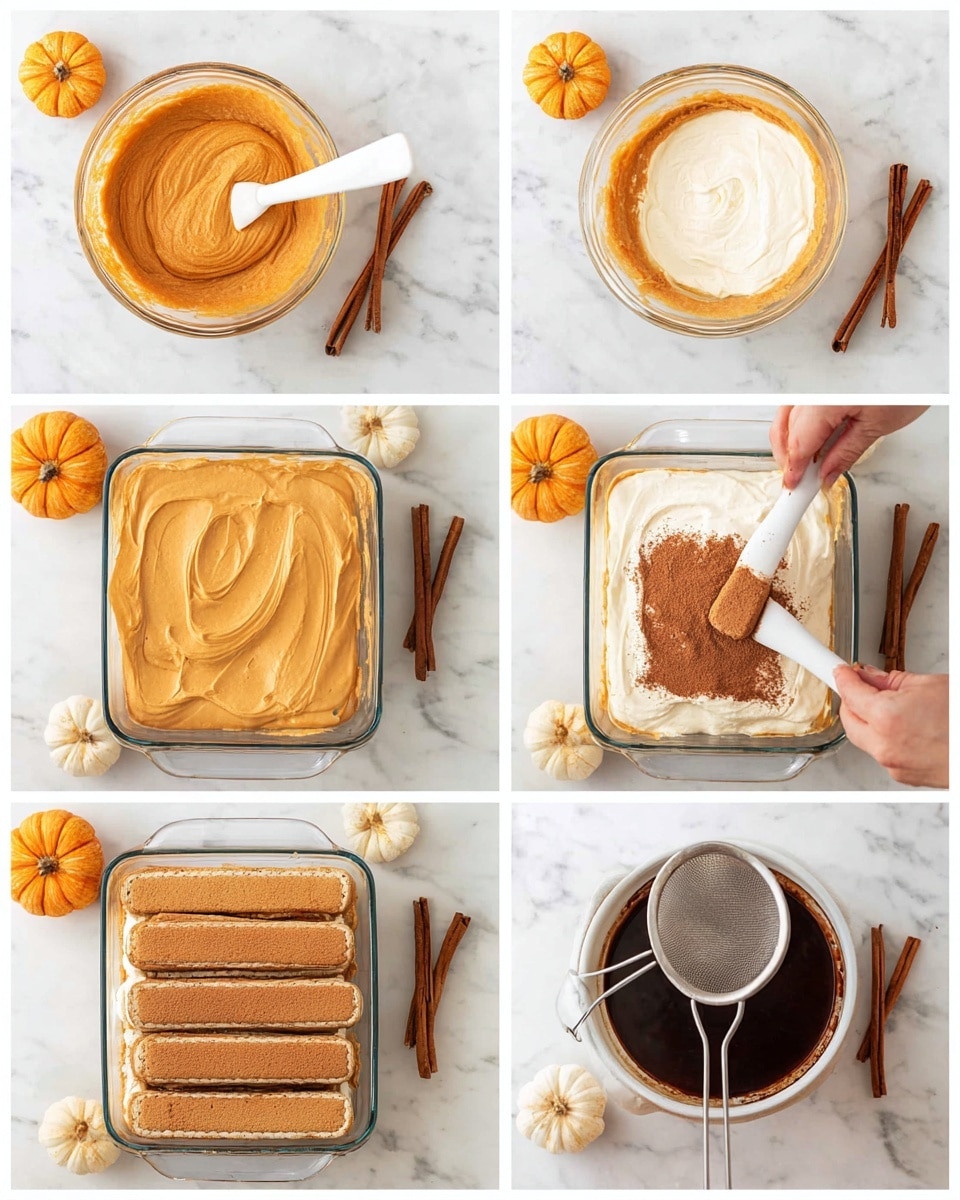 The images show the step-by-step making of a layered dessert in a clear glass square dish placed on a white marbled surface. First, there is a bowl with a thick orange-colored mixture being whisked, then the mixture looks smoother and creamier as a white spatula scoops some. Next, white cream is folded into the orange mix, making it fluffy. Then a woman's hand dips a long biscuit into a dark liquid in a glass bowl. The next photo shows the dish half-filled with one layer of biscuits standing side by side and laying on a white spatula next to it. The fluffy orange cream is then spread on top of the biscuit layer, covering them completely. The dish is shown with the cream layer smoothed on top, ready for finishing touches. A metal sieve is held above the dish, dusting the surface with cocoa powder, and finally, the dessert is fully topped with even cocoa powder with cinnamon sticks and two small pumpkins placed nearby on the surface. Photo taken with an iphone --ar 4:5 --v 7