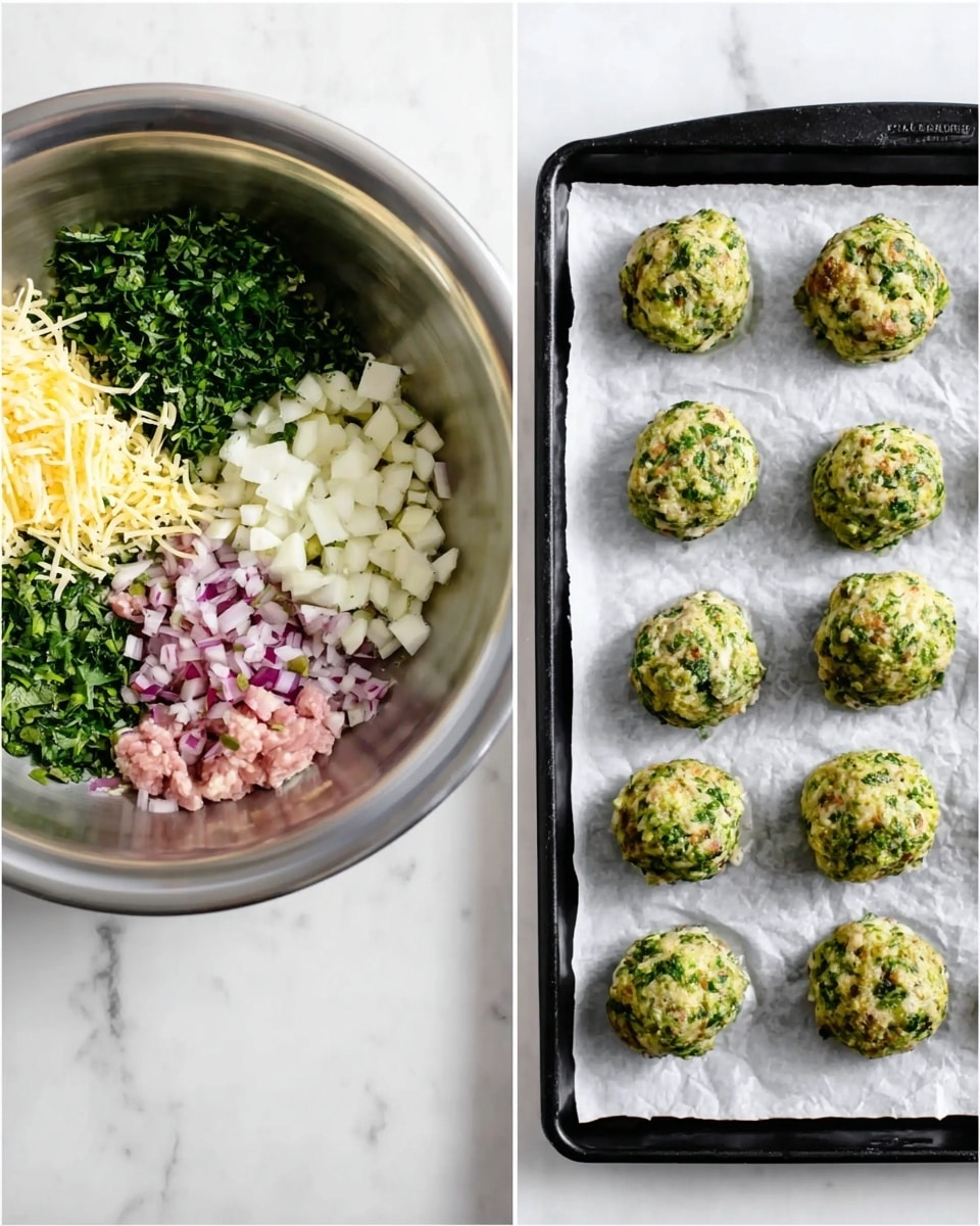 The image on the left shows a large silver bowl filled with various ingredients arranged in separate groups: bright green chopped herbs on the top left, pale yellow shredded cheese on the top right, white small cheese cubes below the shredded cheese, finely chopped red onion mixed with green herbs on the bottom left, and raw pink meat on the bottom right, all sitting on a white marbled surface. The image on the right shows a black baking tray lined with white parchment paper, holding twelve round, green meatballs made from the mixed ingredients on the left, evenly spaced in rows of three by four, also placed on a white marbled surface. photo taken with an iphone --ar 4:5 --v 7