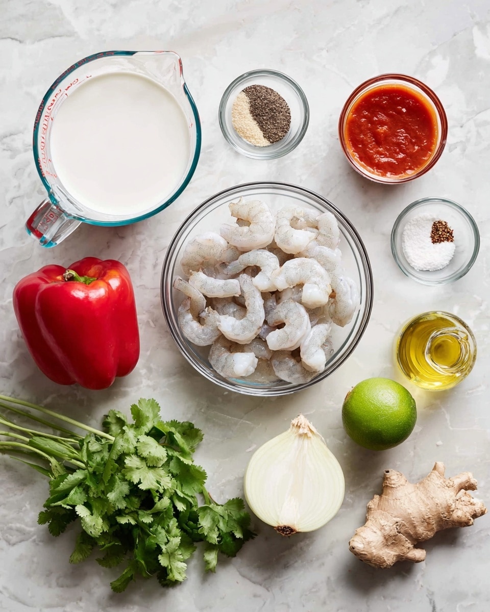 The image shows a white marbled surface with various ingredients spread out in clear glass bowls and loose on the surface. At the center is a bowl filled with raw, peeled shrimp that are pale gray with pinkish tones. Surrounding it are a small bowl with red sauce, a clear glass measuring cup with white coconut milk, and a bowl with salt and black pepper. Nearby are a red bell pepper, a whole white onion, two garlic cloves, a small glass bottle of yellow oil, a piece of ginger root, a whole green lime, and a bunch of fresh green cilantro. The arrangement is neat, with each ingredient clearly visible. photo taken with an iphone --ar 4:5 --v 7