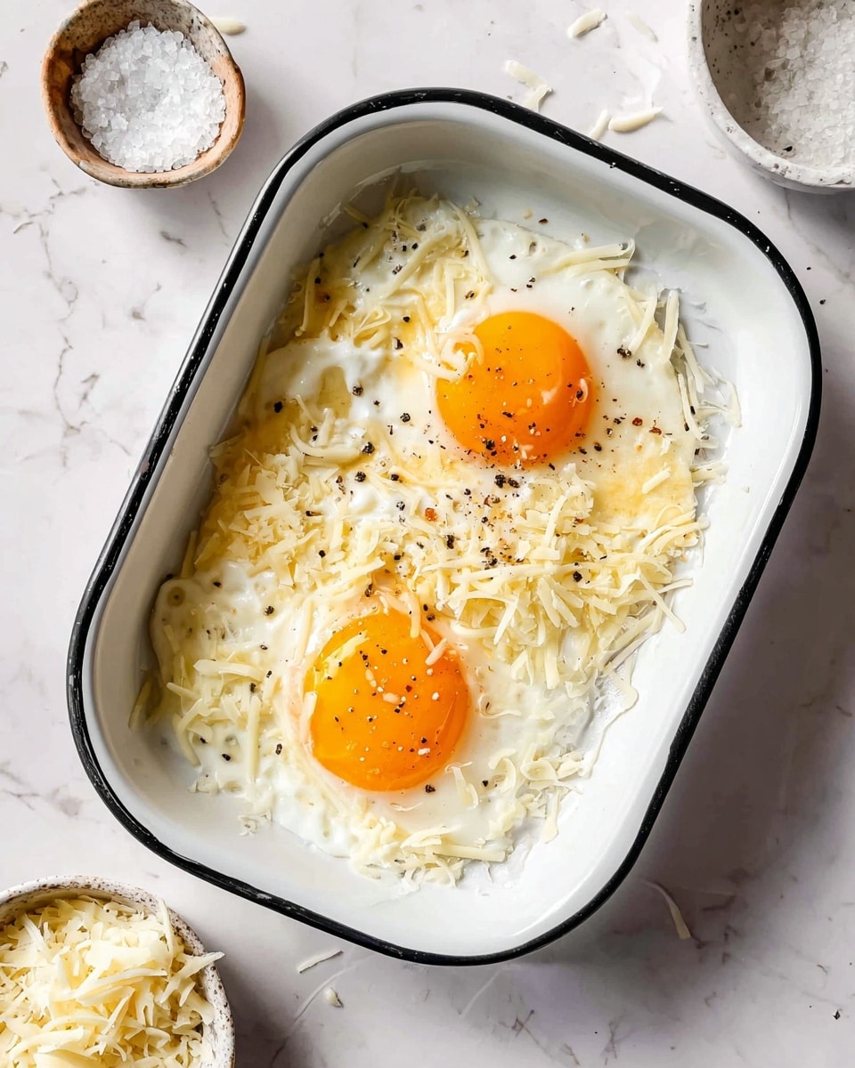 The image shows a white rectangular enamel dish with a black rim placed on a white marbled surface. Inside the dish are two sunny side up eggs with bright orange yolks positioned near the center, surrounded by soft, white cooked egg whites. The eggs are topped with some shredded white cheese scattered unevenly over and around them, with small black pepper specks sprinkled across the top. Around the edges of the image, there are small bowls with coarse salt and more shredded white cheese partly visible. The lighting is soft and natural, making the colors of the yolks and cheese stand out clearly. photo taken with an iphone --ar 4:5 --v 7