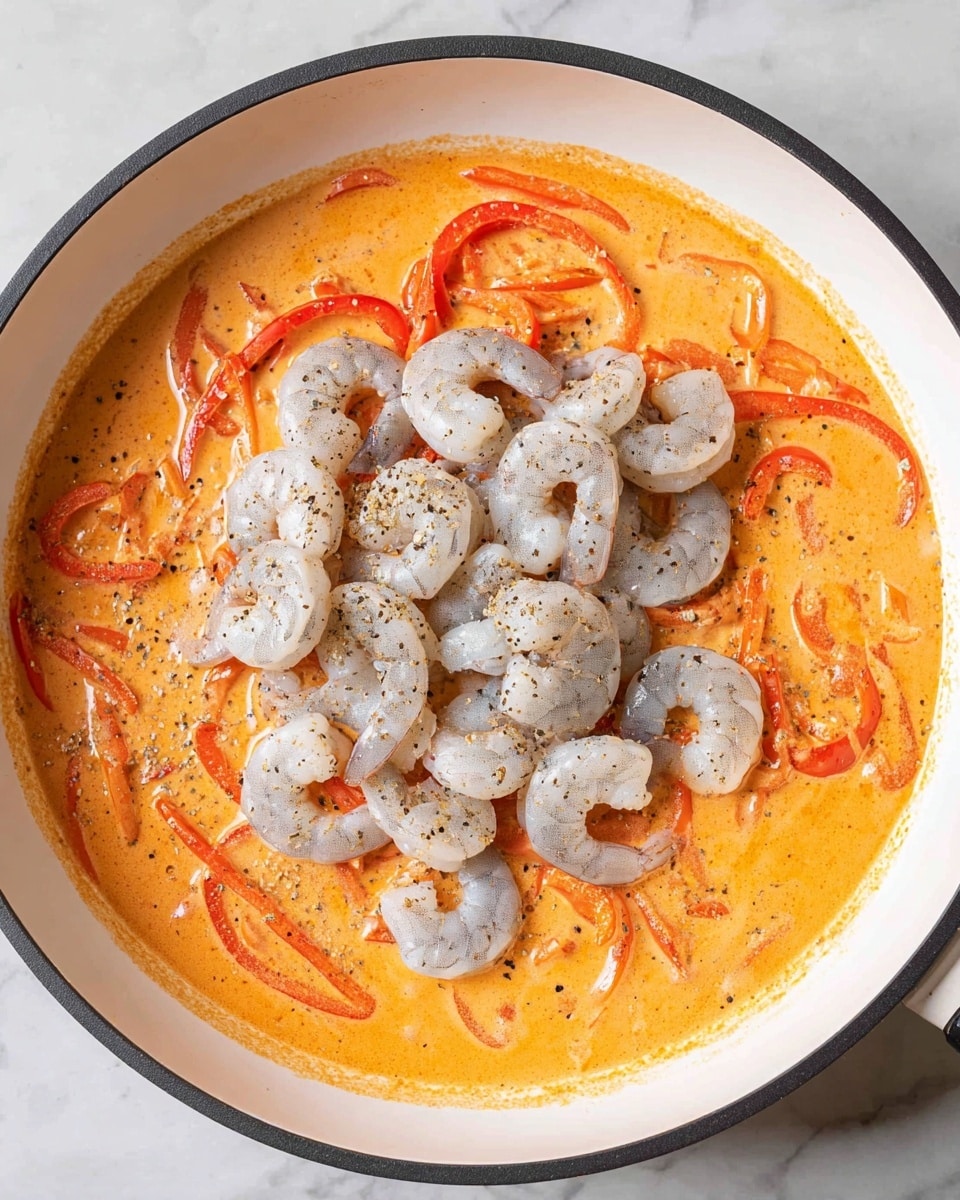 A white pan with a black rim is filled with an orange creamy sauce mixed with thin slices of red bell pepper spread throughout. On top of the sauce in the center, there is a pile of raw gray shrimp that still have a slight shine and are sprinkled lightly with black pepper. The pan sits on a white marbled surface. Photo taken with an iphone --ar 4:5 --v 7