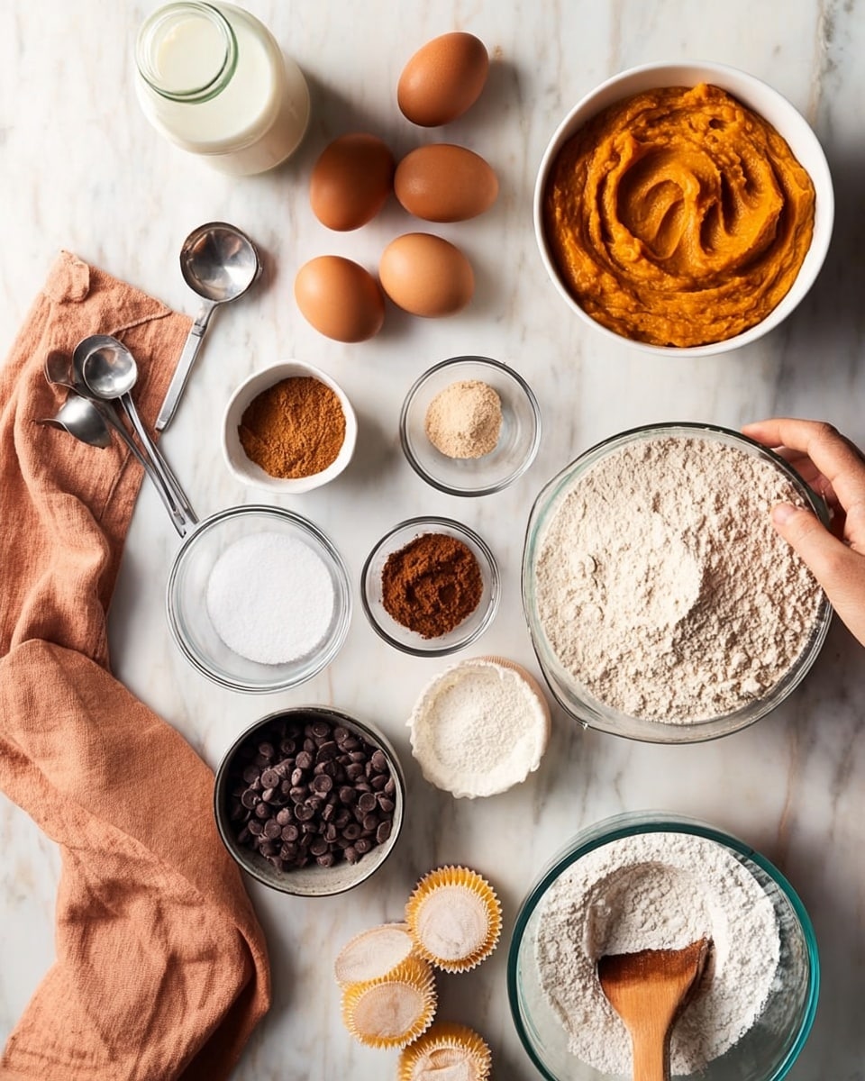 The image shows a top view of baking ingredients neatly spread on a white marbled surface. There are three brown eggs partially held by a woman's hand, a glass bottle of milk, and a white bowl filled with smooth orange pumpkin puree positioned at the top. Below these, several small clear bowls contain white granulated sugar, light brown soft sugar, and a small amount of cinnamon spice. Dark chocolate chips are scattered and also held in a white round measuring cup. A set of silver measuring spoons sits near a white bowl filled with flour on the left. A large clear mixing bowl with a wooden spoon inside is placed at the bottom right, next to a stack of white cupcake liners. A soft peach-colored cloth is spread casually in the bottom left corner. Everything is arranged neatly with a clean, bright look. photo taken with an iphone --ar 4:5 --v 7