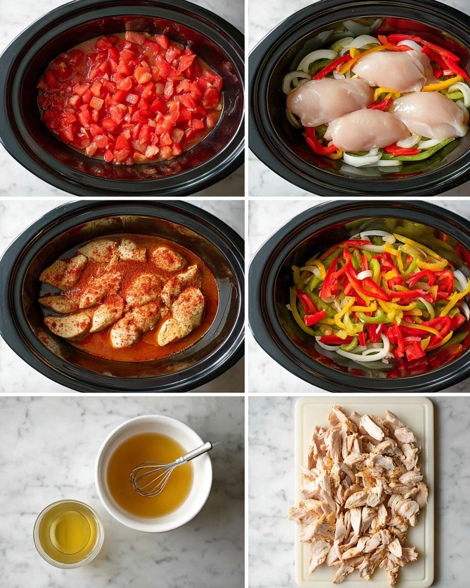 The image shows eight stages of making a dish in a black slow cooker on a white marbled surface. In the first stage, there is a single layer of bright red diced tomatoes with juice inside the cooker. The second stage has a layer of colorful sliced bell peppers and white onion strips on top of the tomatoes. The third picture adds four whole, raw pale chicken breasts on top of the vegetables. The fourth stage shows the chicken breasts covered evenly with reddish-brown seasoning. In the fifth, diced tomatoes are spread again over the seasoned chicken, covering it fully. The sixth layer adds another thick layer of mixed sliced bell peppers and onions on top. Separate from the cooker in the seventh image, a small white bowl contains a light golden liquid with a small whisk resting inside. The final image shows many thin, cooked, pale brown pieces of chicken meat sliced and spread out on a white cutting board. photo taken with an iphone --ar 4:5 --v 7