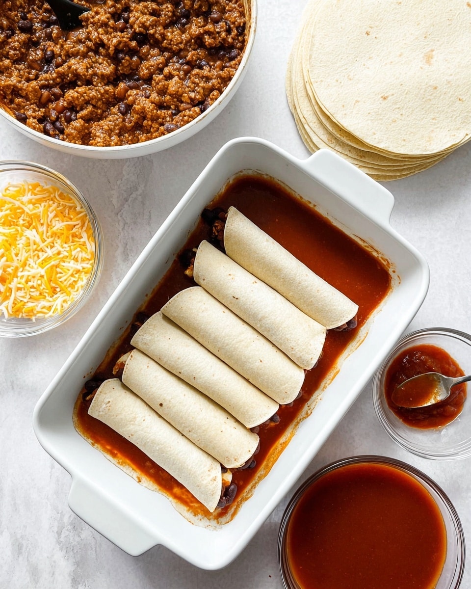 The image shows a white rectangular baking dish with a layer of red sauce spread on the bottom and four rolled tortillas filled with a brown and black bean mixture placed tightly side by side at one end. To the top left, there is a white skillet filled with more of the bean and meat mixture, which has a chunky, slightly saucy texture. Nearby, on a white marbled surface, there is a small clear glass bowl filled with shredded yellow and white cheese. To the right, there is a stack of plain white tortillas with one tortilla on top holding a small spoonful of the bean mixture. Below this stack, a small clear bowl holds a generous amount of red sauce. The surface is a white marbled texture. photo taken with an iphone --ar 4:5 --v 7