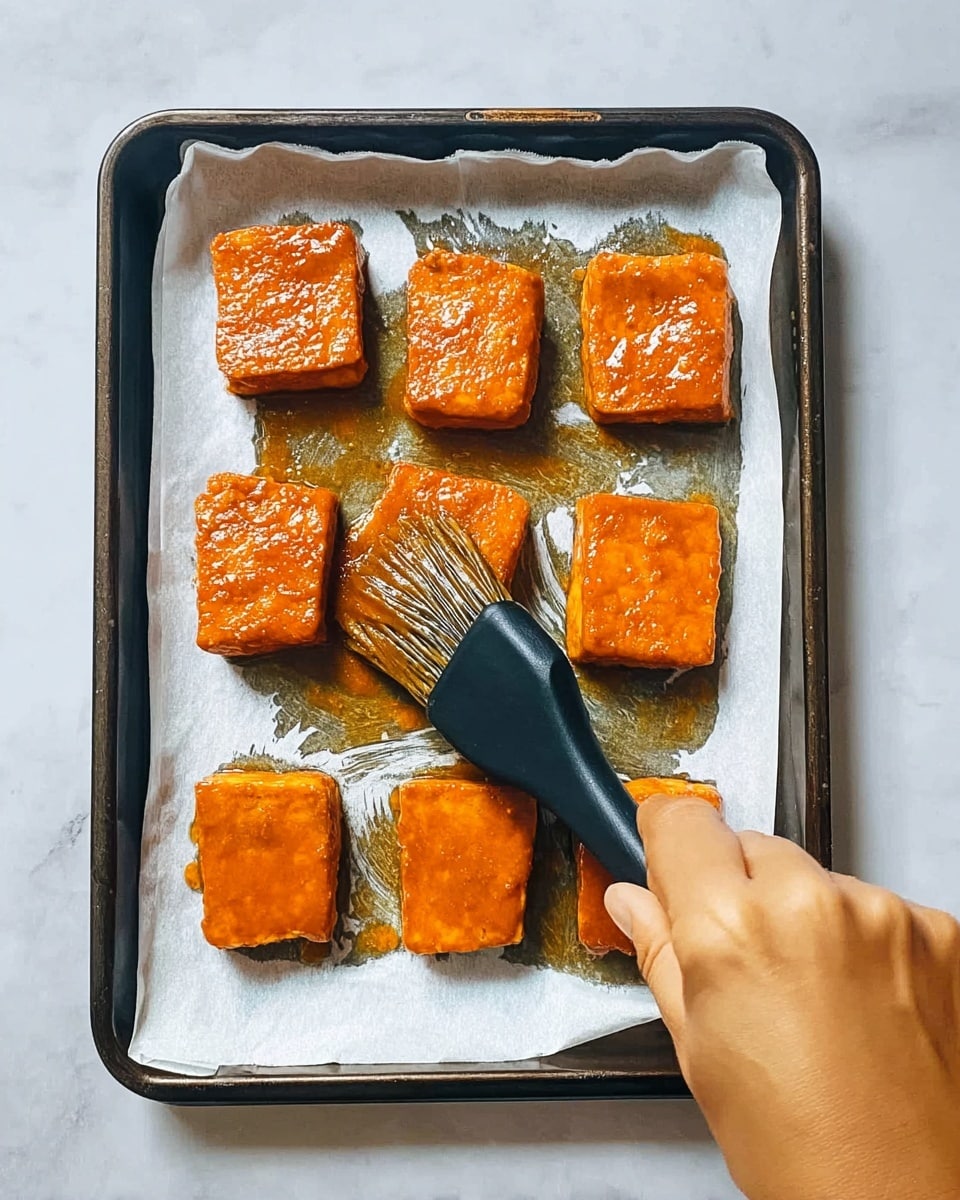 The image shows a baking tray lined with white parchment paper holding nine square pieces of tofu, each covered in a shiny orange marinade. The tofu pieces are arranged in three rows with three pieces each. A woman's hand holds a black silicone brush brushing more of the orange sauce evenly onto the tofu pieces. The tray sits on a surface with a white marbled texture. photo taken with an iphone --ar 4:5 --v 7