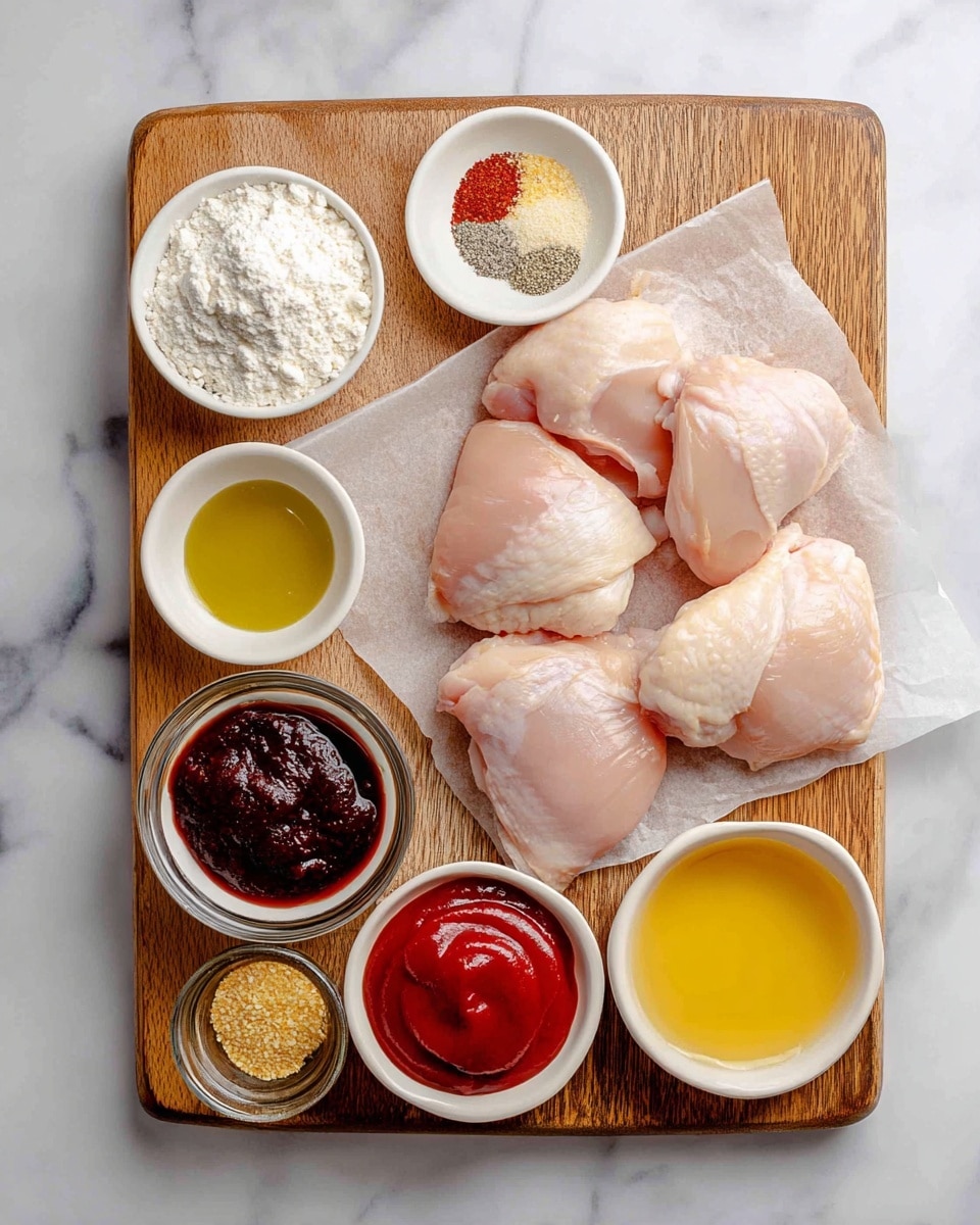 The image shows a wooden board on a white marbled surface with several ingredients arranged neatly. On the top right, there are four raw boneless skinless chicken thighs resting on white parchment paper, their pale pink color visible. Around the chicken, there are small white bowls holding different ingredients: at the top left is a bowl with white cornstarch powder; below it is a bowl containing a mix of garlic powder, onion powder, salt, and black pepper with beige, white, and black colors; at the left center is vegetable oil with a pale yellow color; at the bottom left is a small bowl filled with dark soy sauce; in the center is a bowl with thick, dark red gochujang paste; next to it is a bowl filled with bright red ketchup; at the bottom right is a bowl containing light yellow rice vinegar; and just above it is a bowl with golden yellow honey. The ingredients are arranged clearly with labels on each, placed on the wooden board. photo taken with an iphone --ar 4:5 --v 7